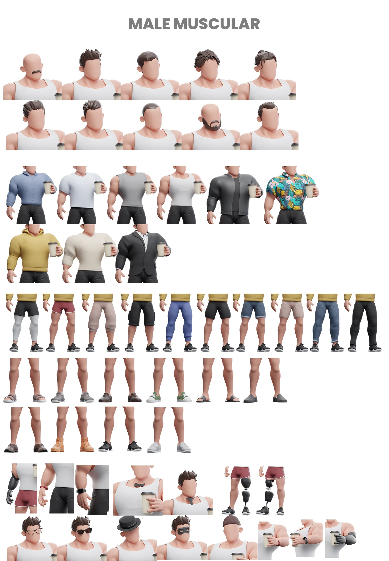 Cartoon 3D of muscular male with various clothes