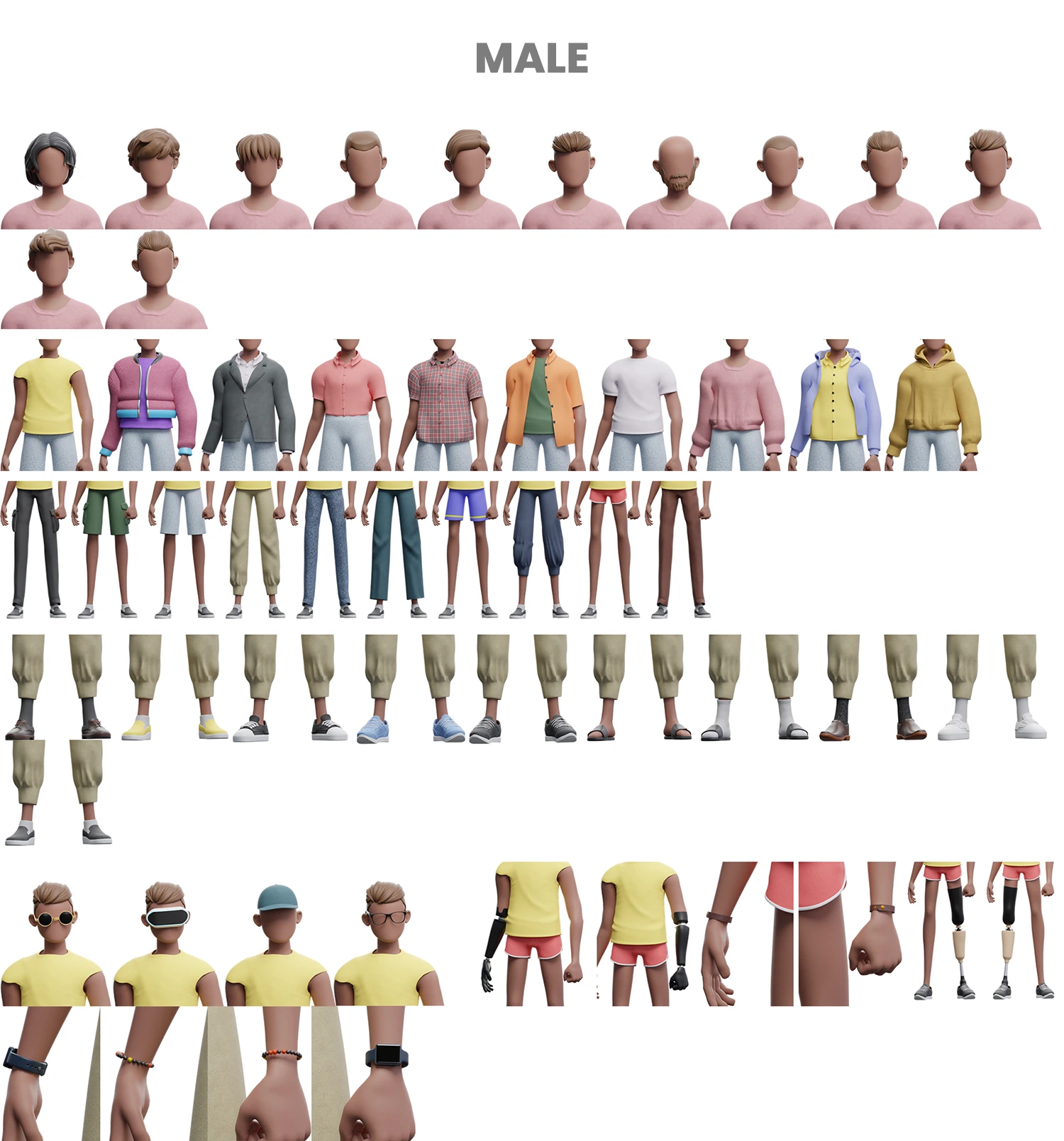 Cartoon 3D character of 3D male with various clothes