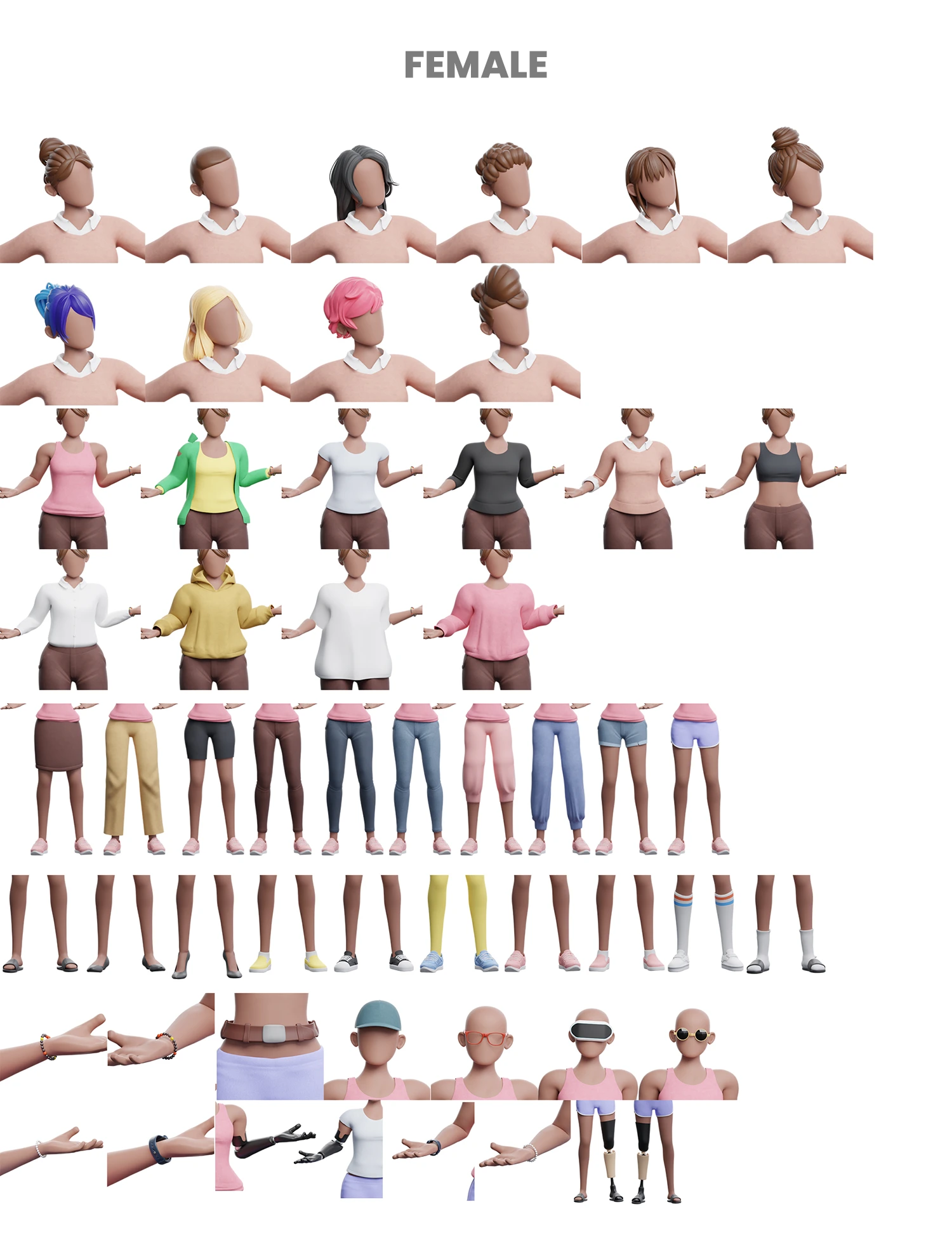 Cartoon 3D character of 3D female with various clothes