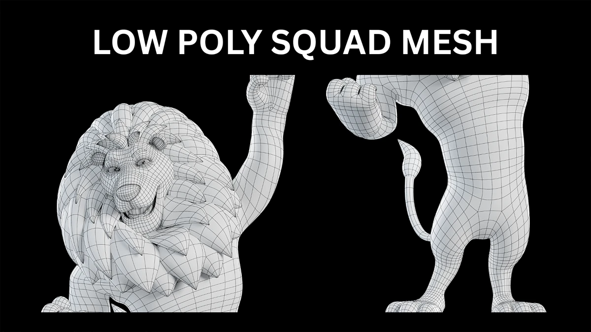 Low-poly quad topology 3D mascot wireframe