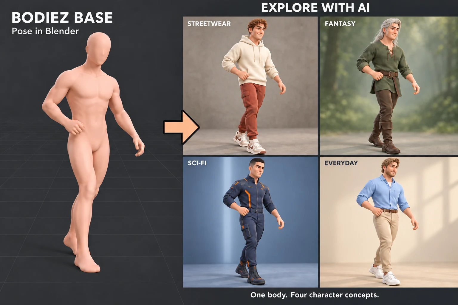 Maillage de base « Posed Bodiez » à côté de quatre concepts de personnages générés par IA : streetwear, fantastique, science-fiction et quotidien