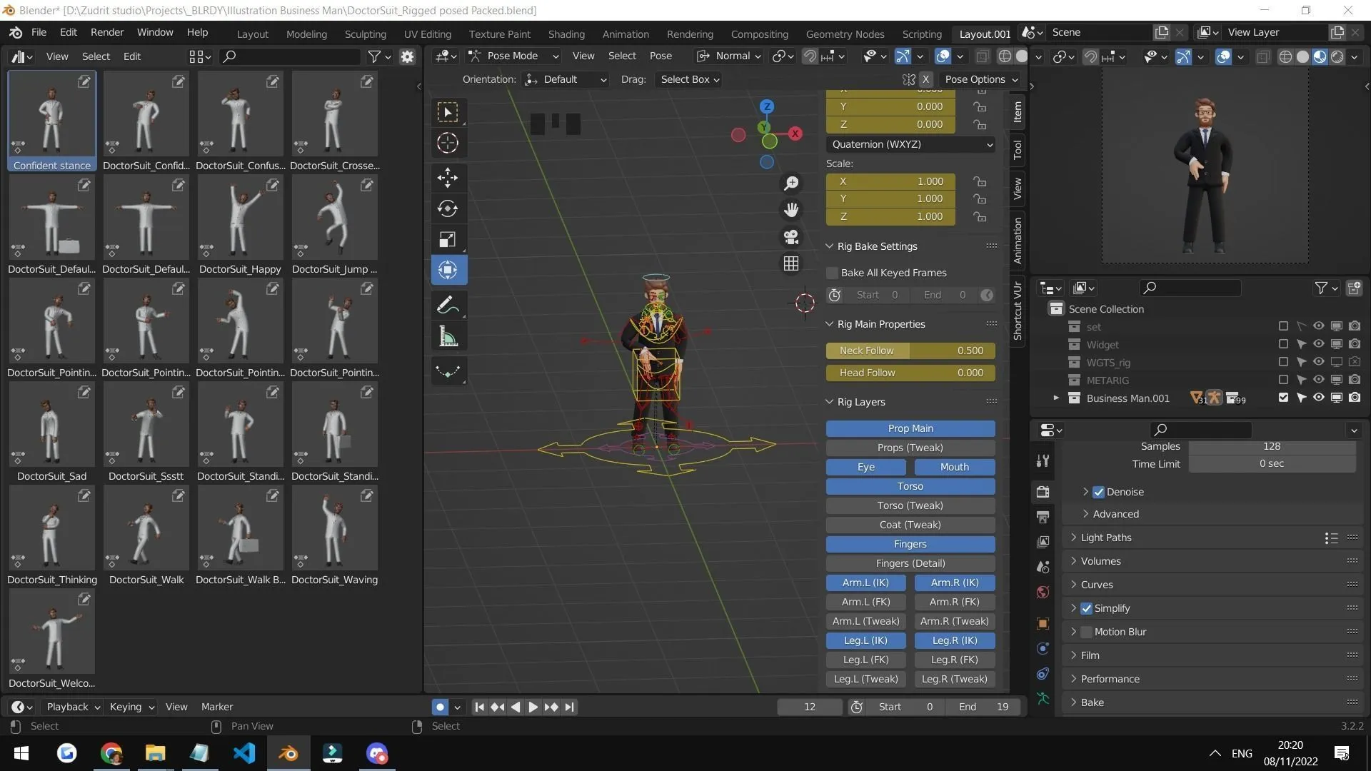 Business Man Character 3D model in Blender workspace