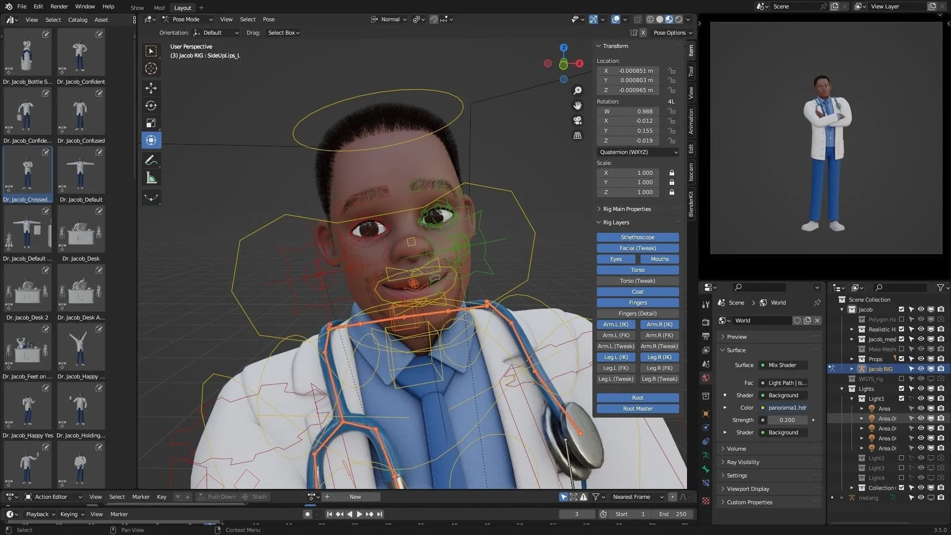 Cartoon Black Doctor Man advanced face rig preview