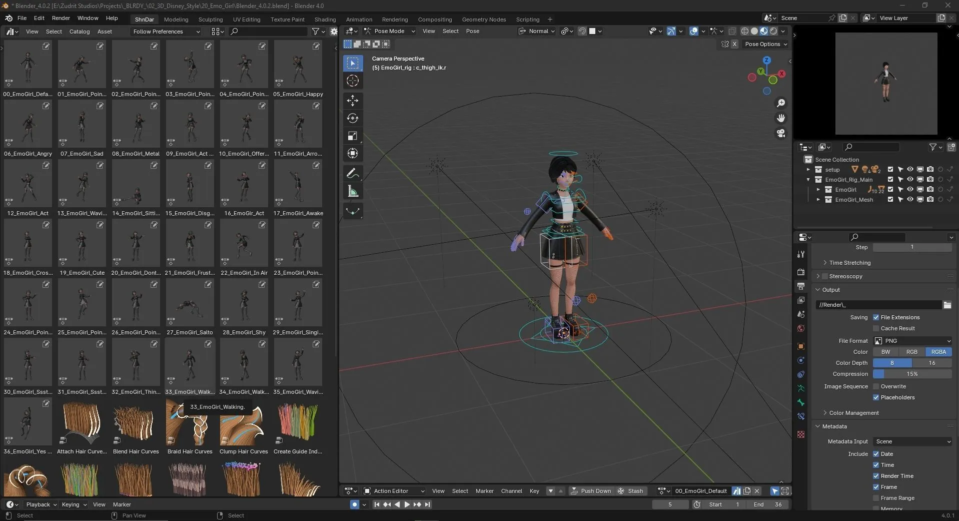 Cartoon Emo Goth K-pop Girl Woman - Rigged 3D Character in Blender with advanced face and body rigging system