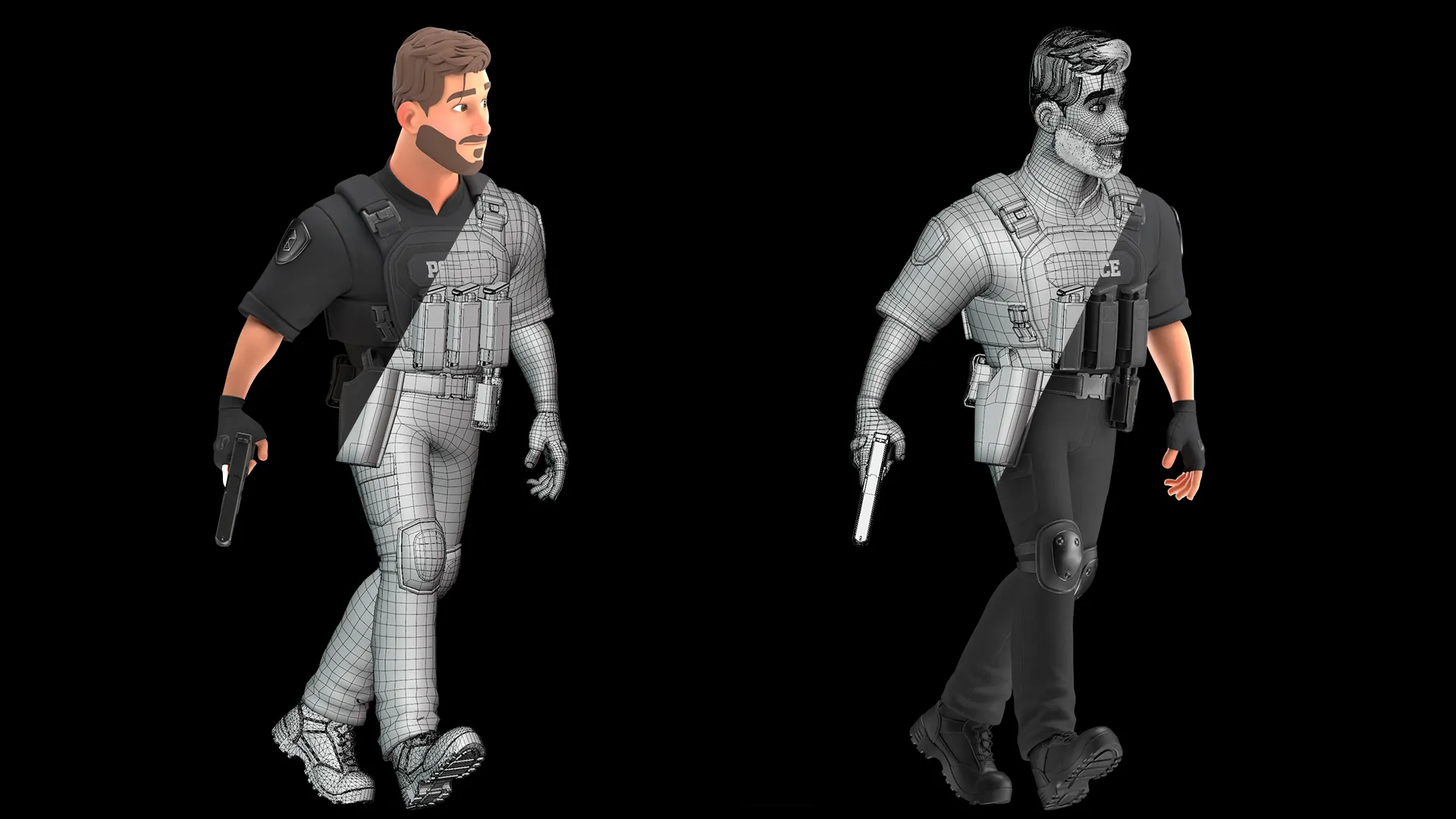 Cartoon Police Man low poly mesh preview