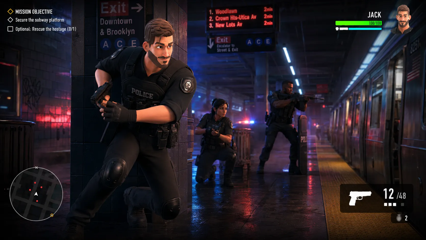 Cartoon Police Man showcase scene in subway setting