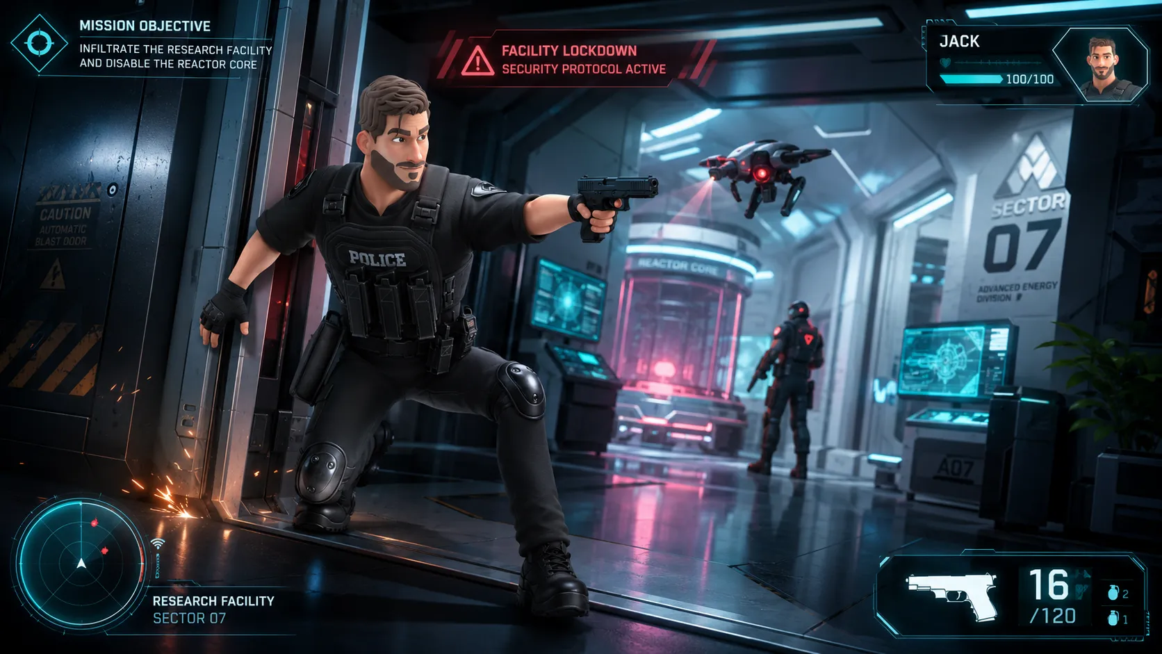 Cartoon Police Man showcase scene in sci-fi facility