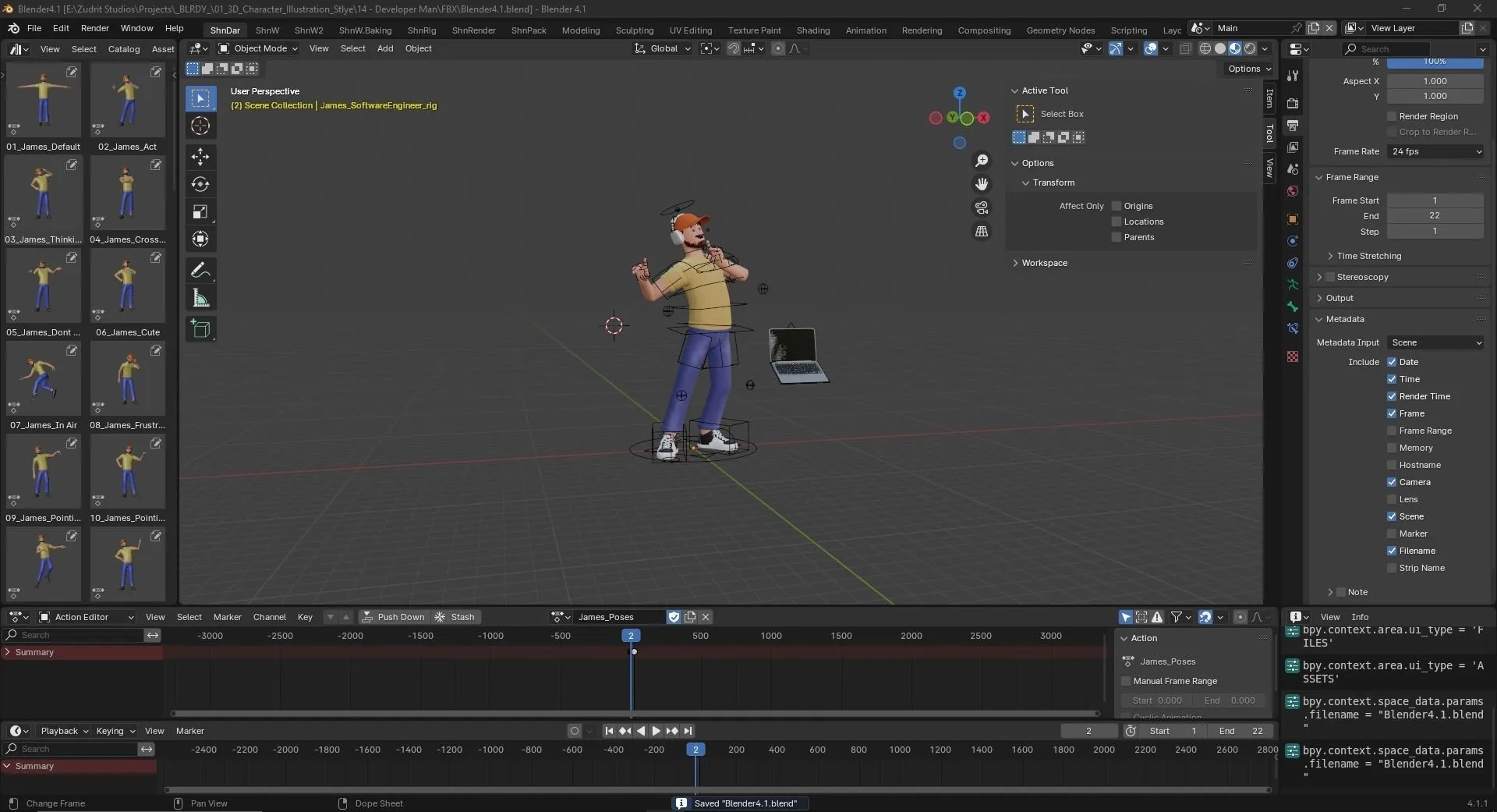 Cartoon Software Developer 3D model in Blender workspace
