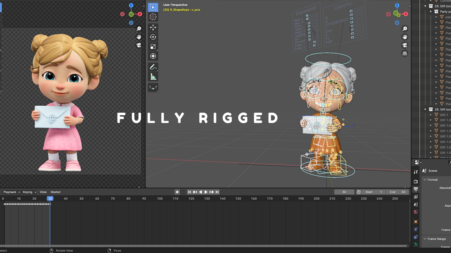 Fully rigged cartoon baby girl 3D character in Blender with rig controls