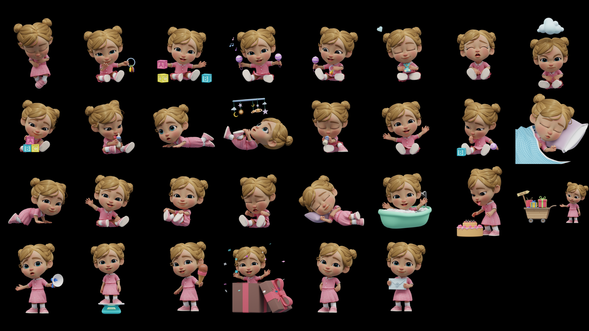30 pre-made poses for cartoon baby girl 3D character