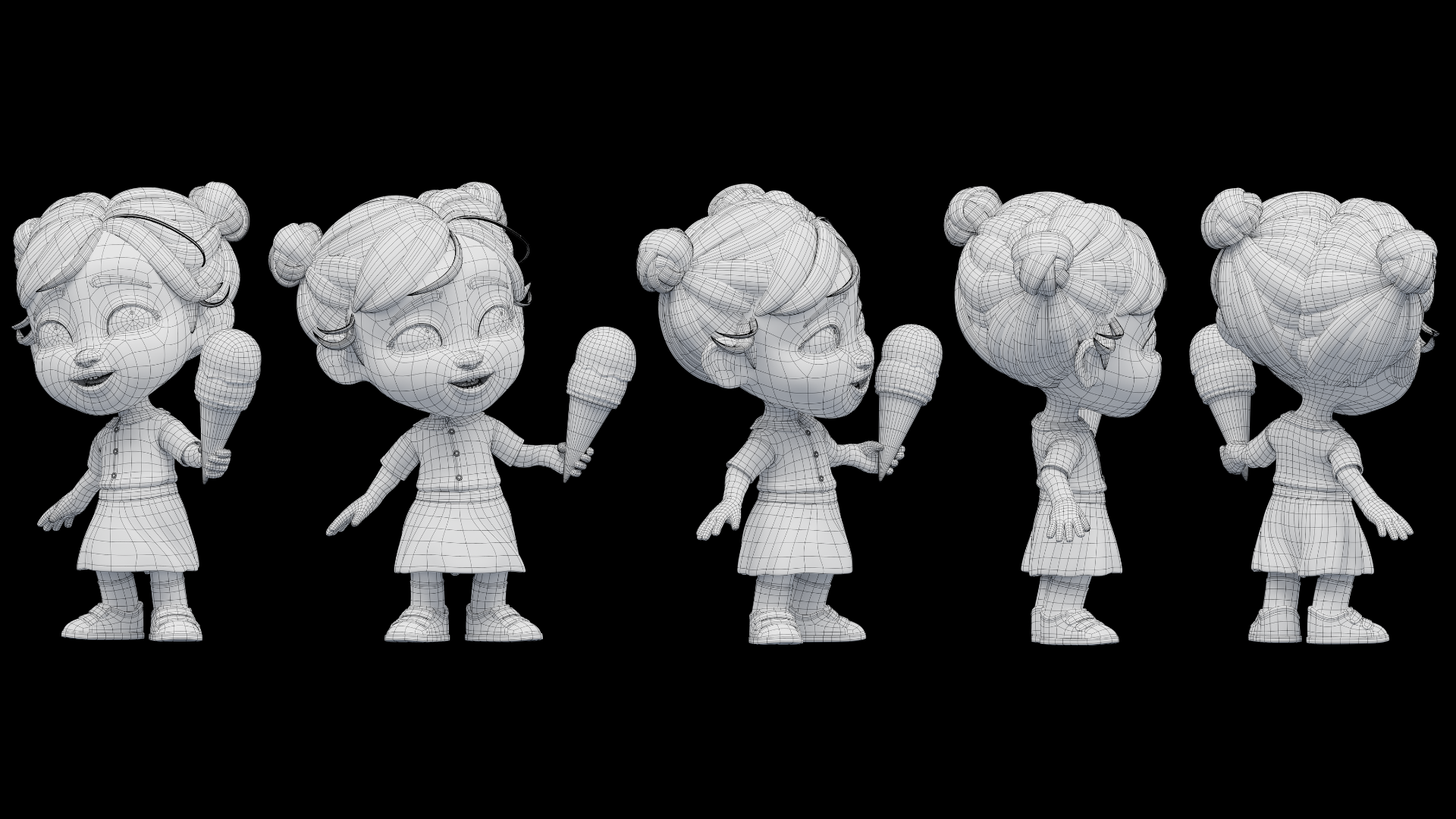 Low-poly quad topology 3D baby girl character wireframe