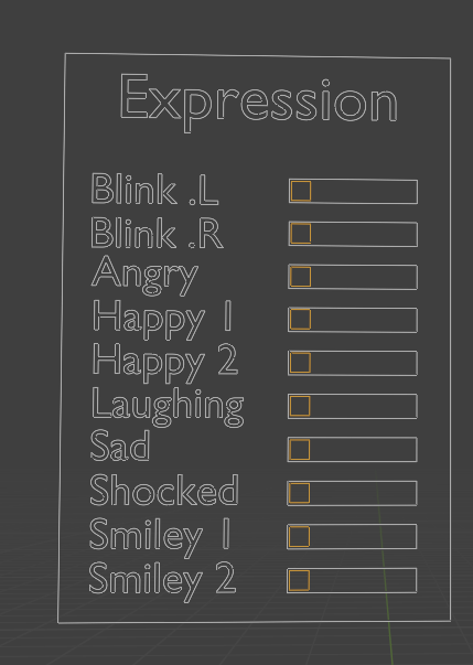 Blender Expression panel for Cartoon Baseball Player: Blink L and R, Angry, Happy 1 and 2, Laughing, Sad, Shocked, Smiley 1 and 2 sliders