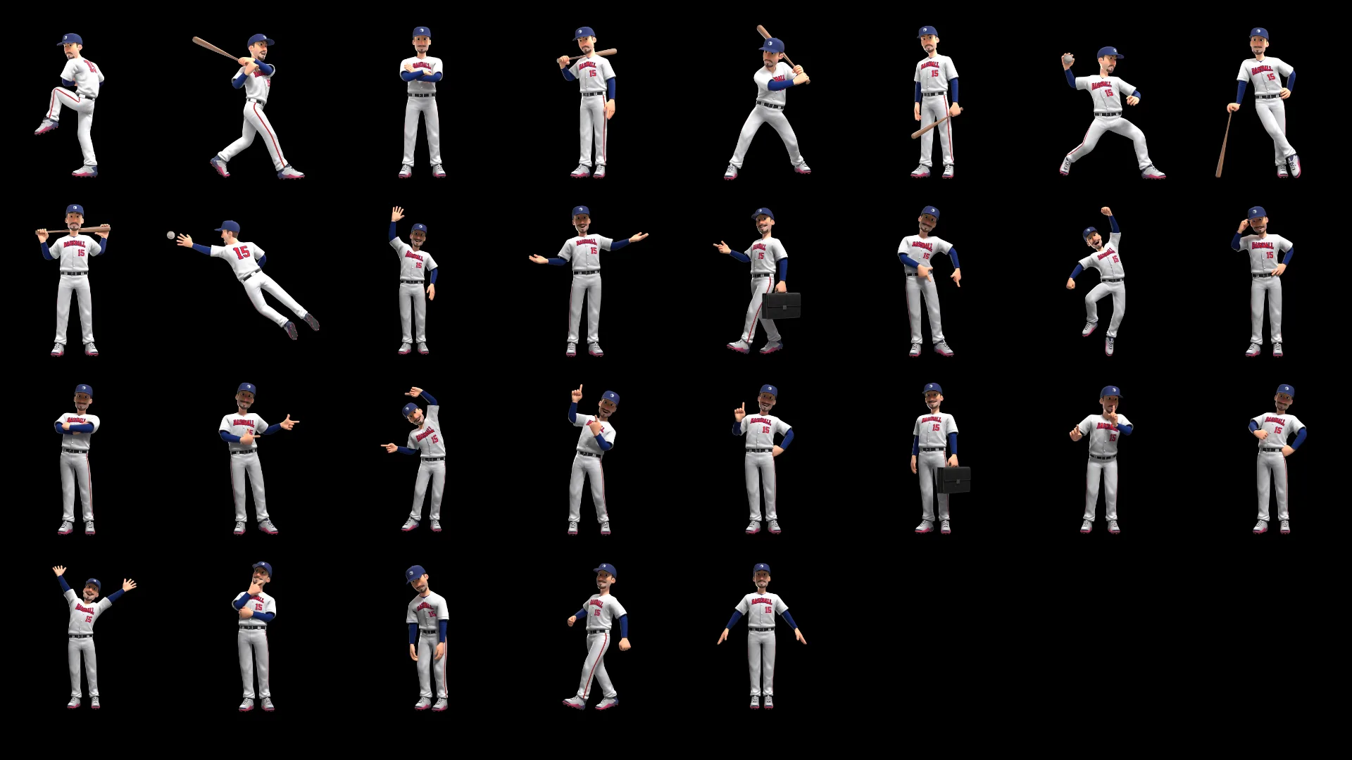 29 poses predefinidas del jugador de beisbol caricatura