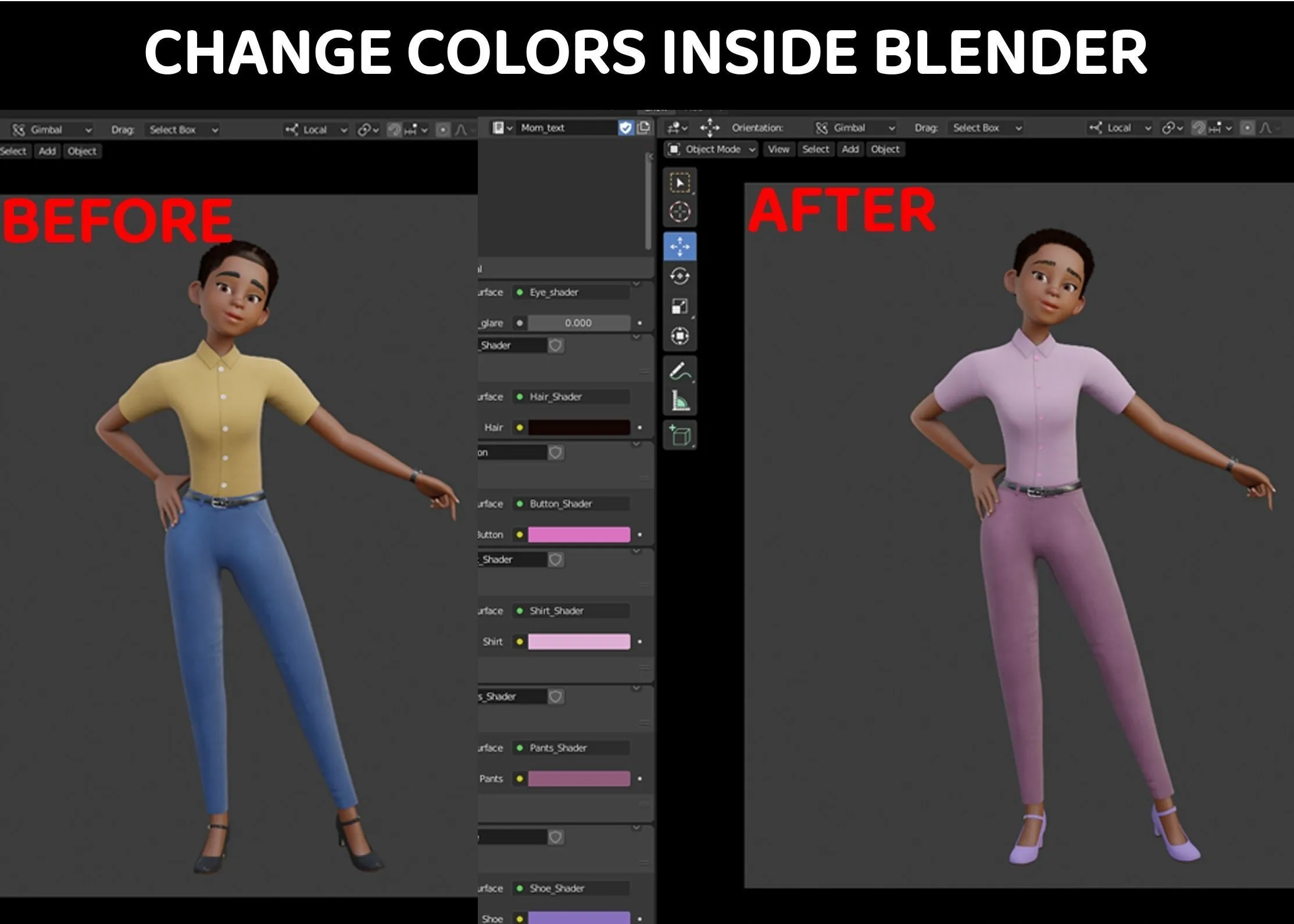 Cartoon Black Female Character customizable colors in Blender