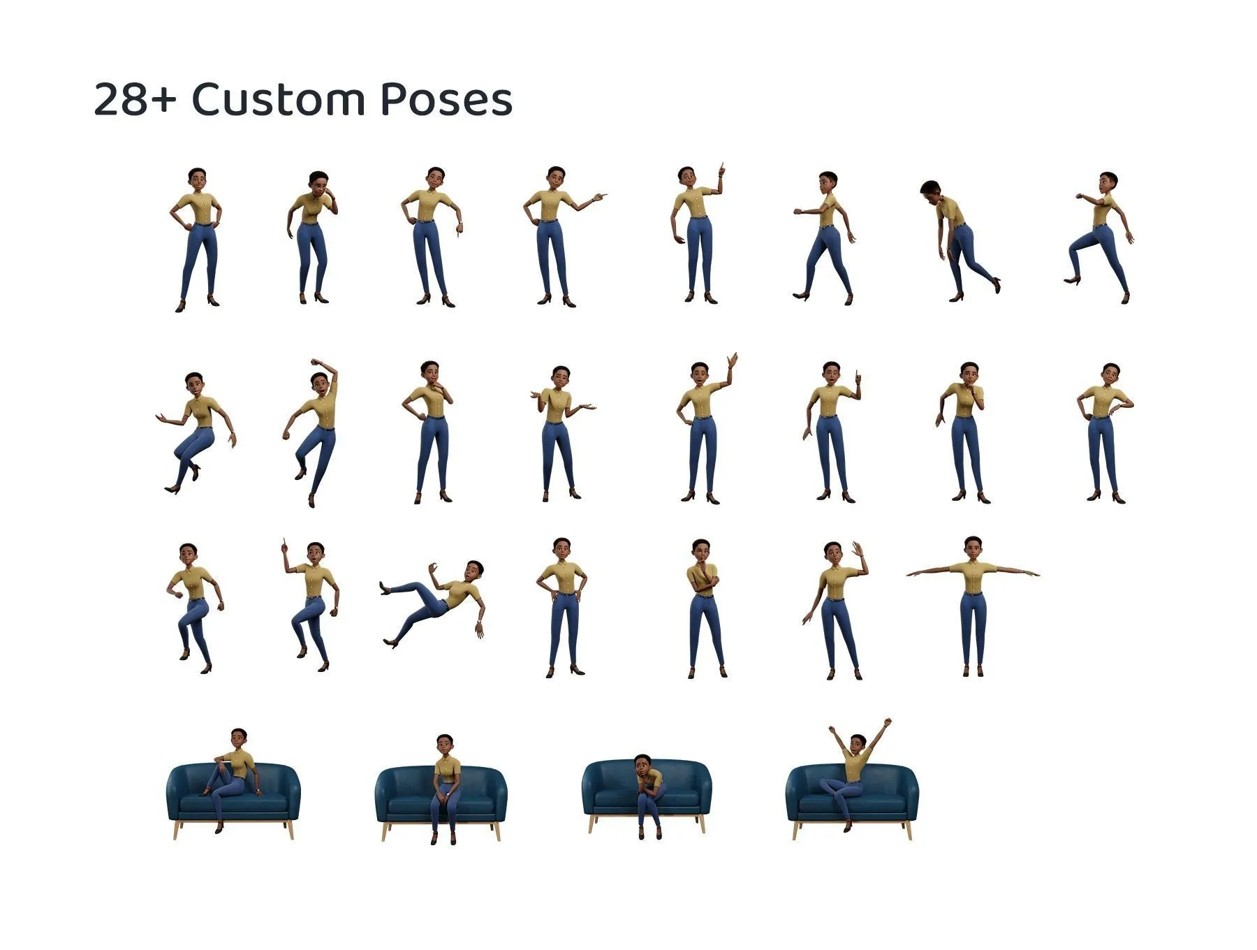 28+ pre-made poses for Cartoon Black Female Character