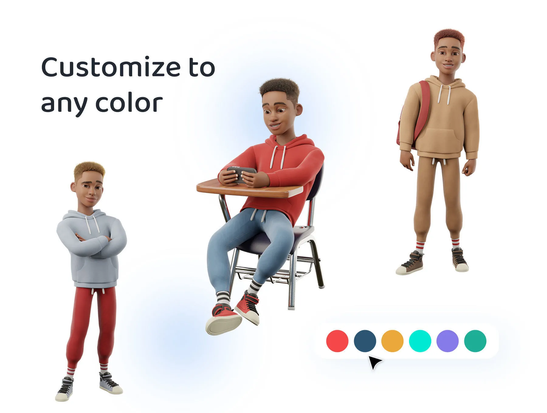 Black man teen character 3D render showcase