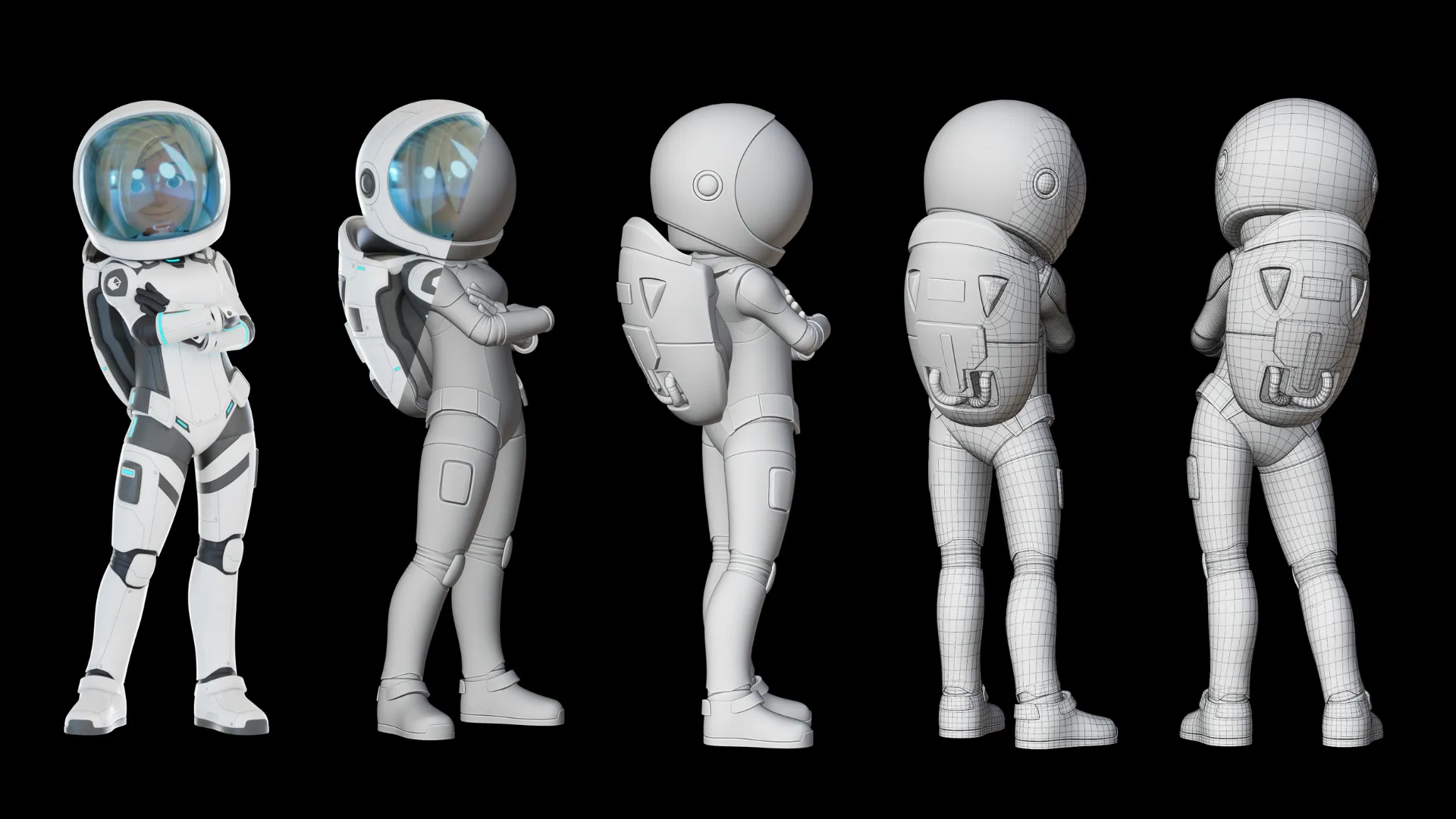 Cartoon Female Astronaut combined render with suit, mesh, and character details