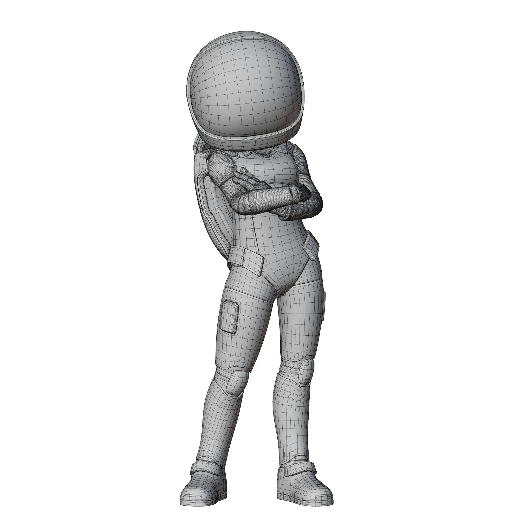 Cartoon Female Astronaut wireframe render showing low-poly quad mesh