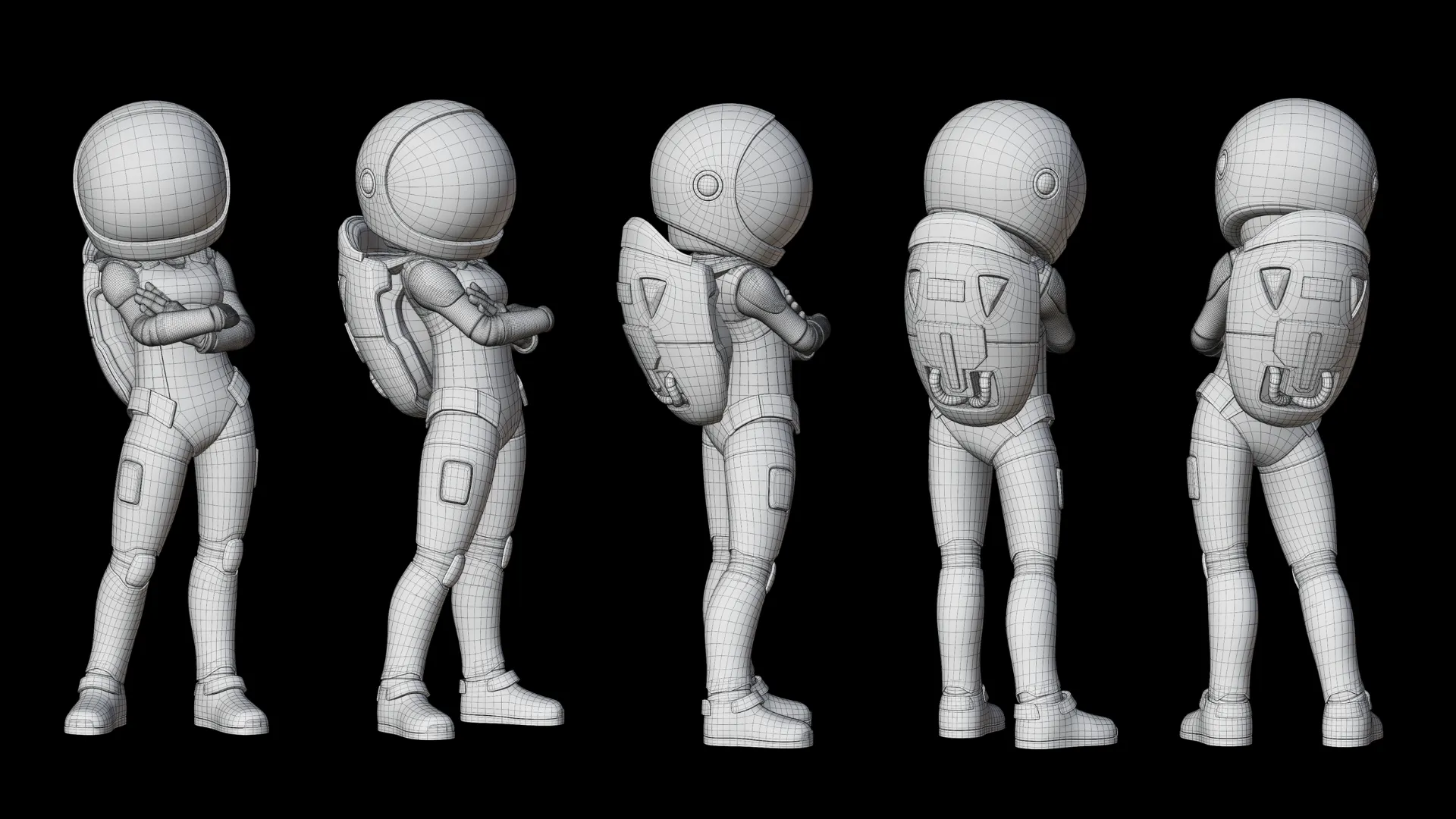 Cartoon Female Astronaut wireframe topology preview