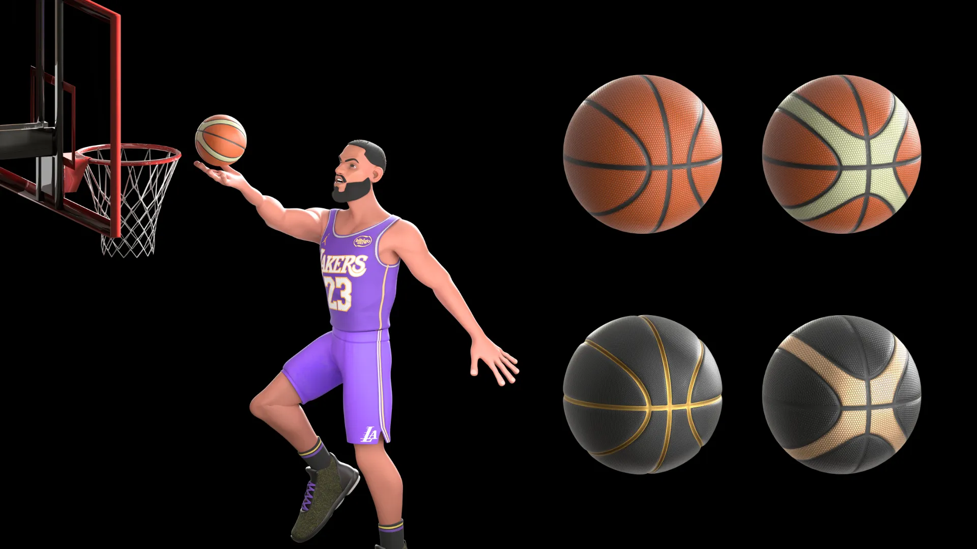 Different basketball assets included with the cartoon NBA player model
