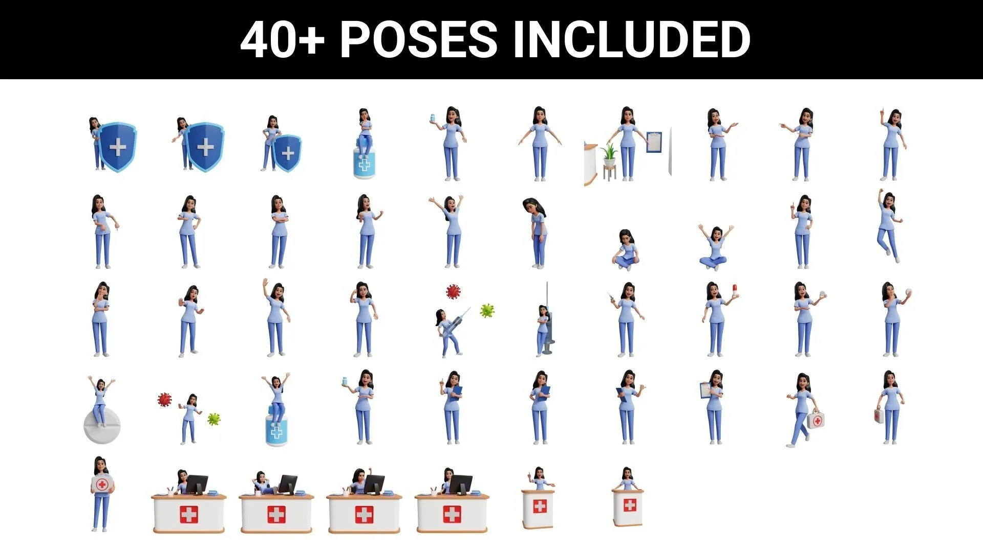 40 pre-made poses for Cartoon Nurse Female Character