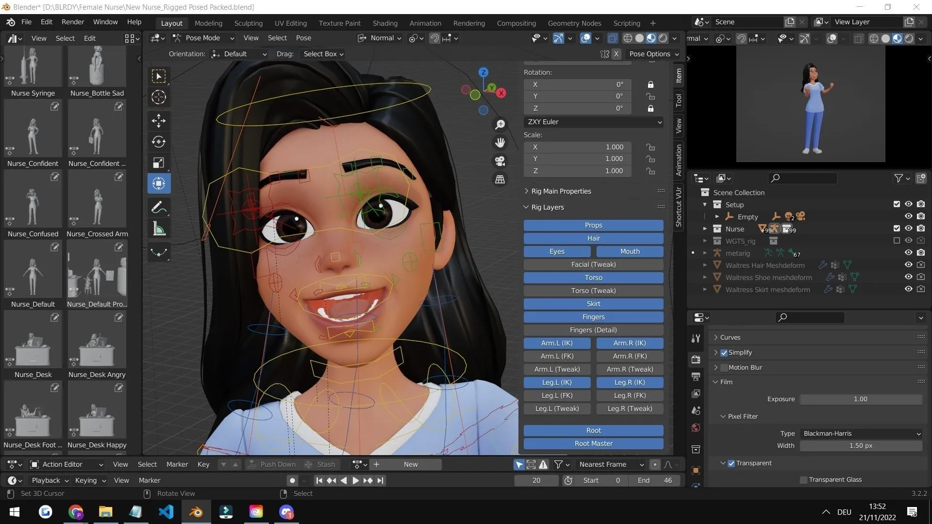 Cartoon Nurse Female Character - Rigged in Blender with advanced face and body rigging system (Rigify)