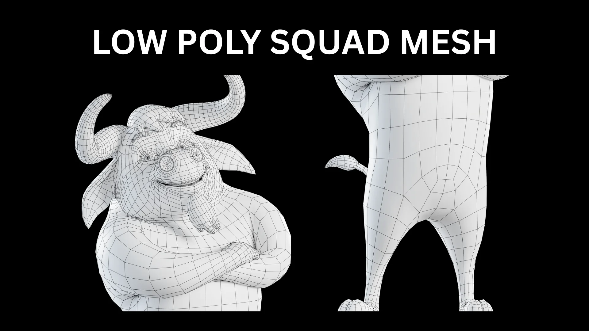 Low-poly quad topology 3D bull mascot character wireframe
