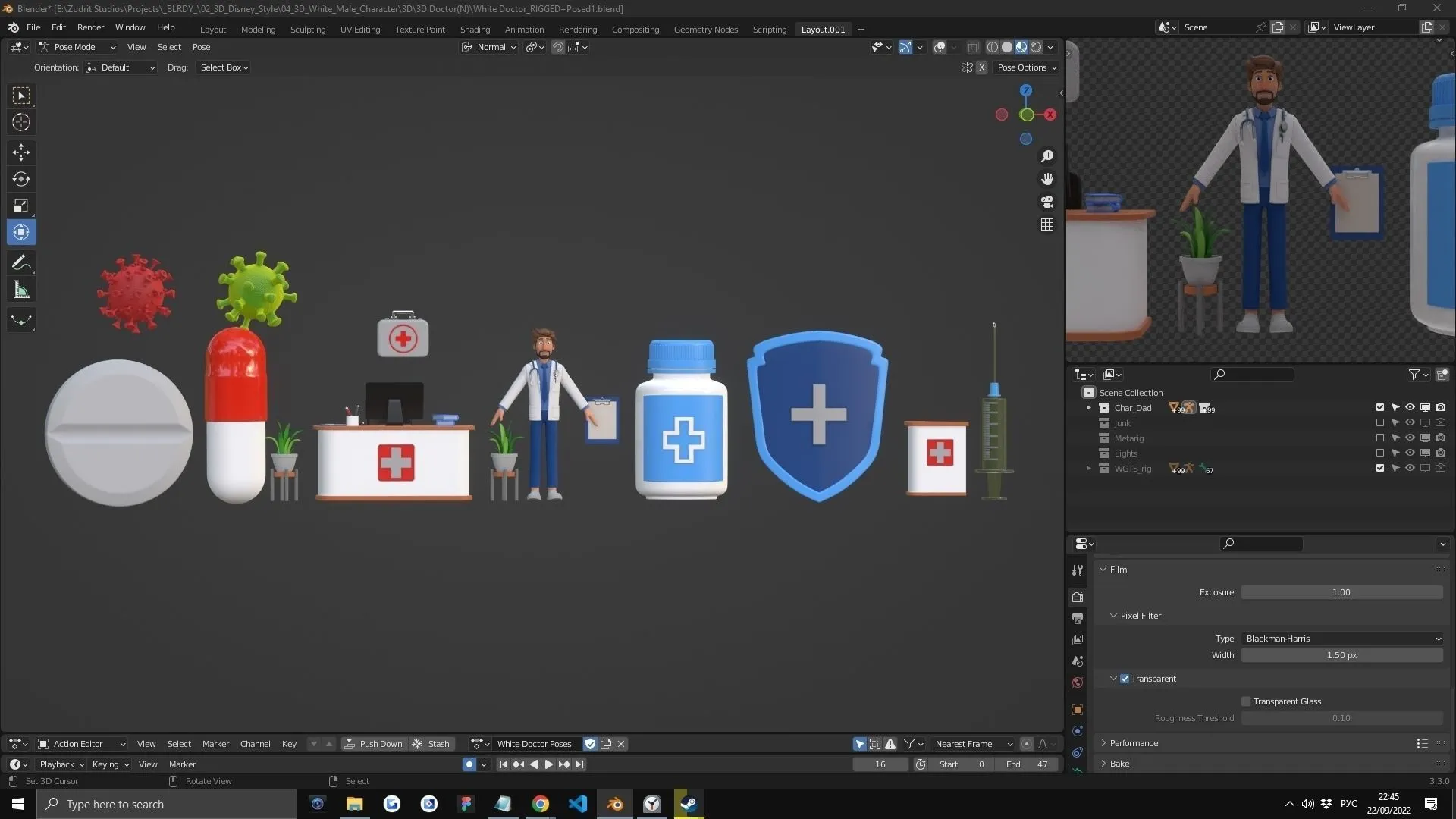 Cartoon Doctor 3D Character in Blender workspace