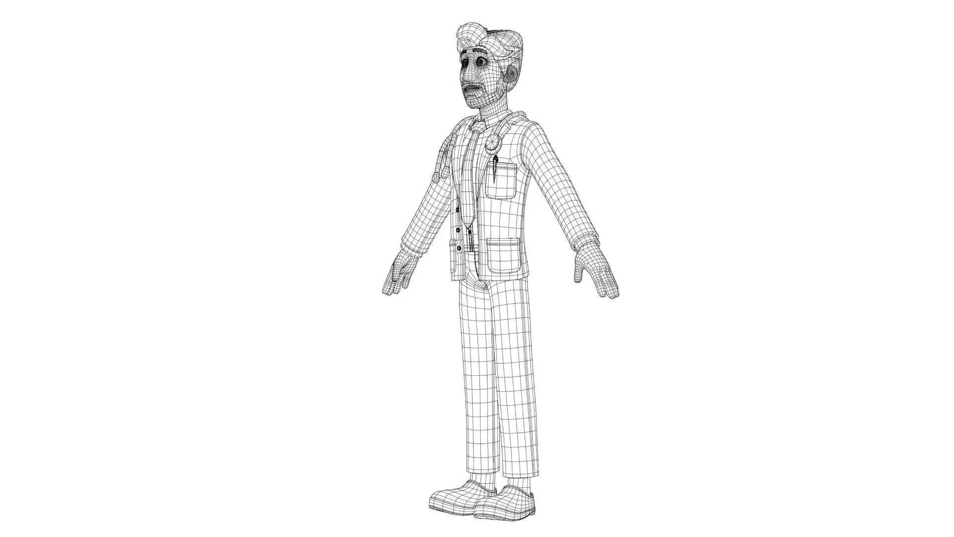 Cartoon Doctor 3D Character low-poly quad topology wireframe mesh