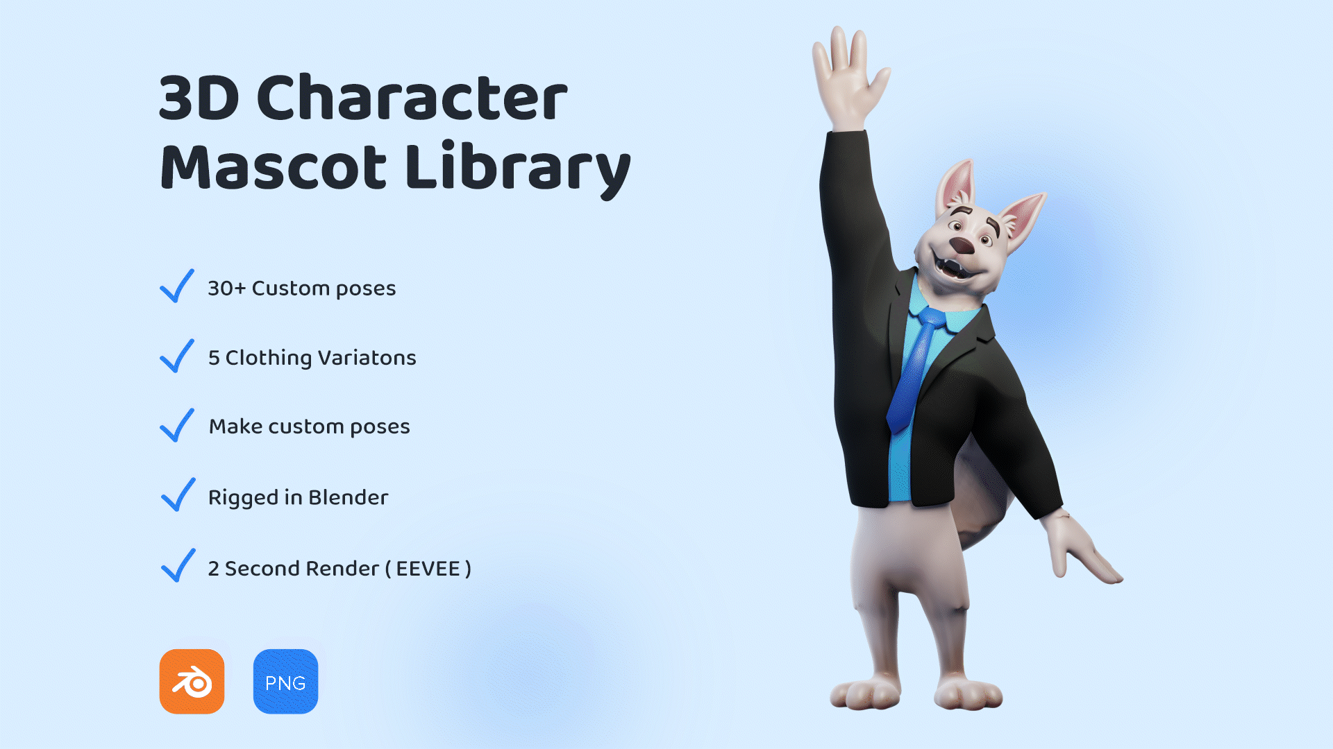 Dog mascot loop animation and outfit preview; Blender and PNG included