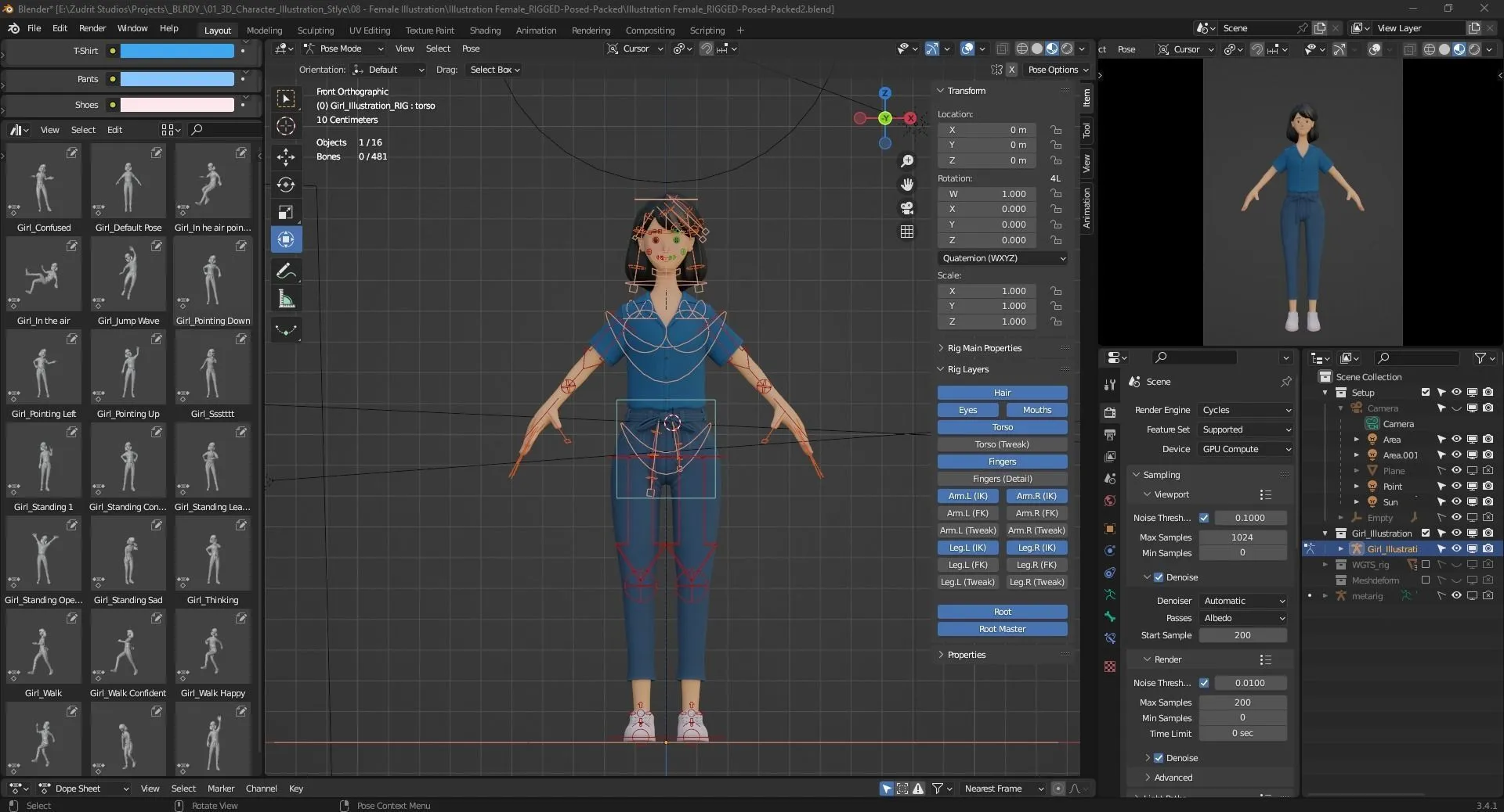 Cartoon Woman Illustration - Rigged in Blender with advanced face and body rigging system (Rigify)