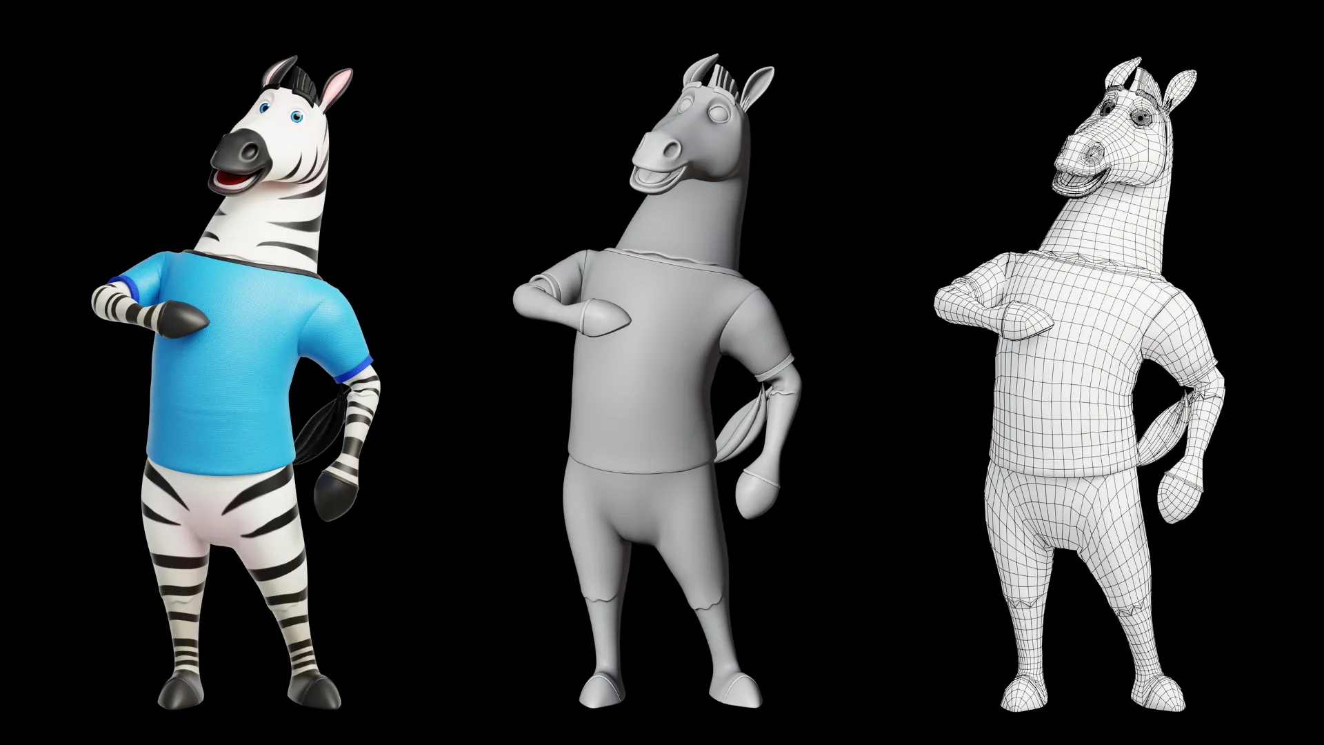 Stylized zebra mascot 3D character close up showcase