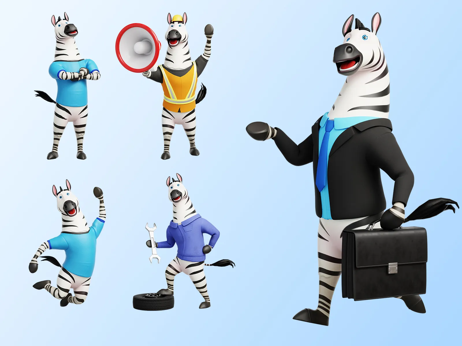 Cartoon zebra mascot 3D character animation showcase