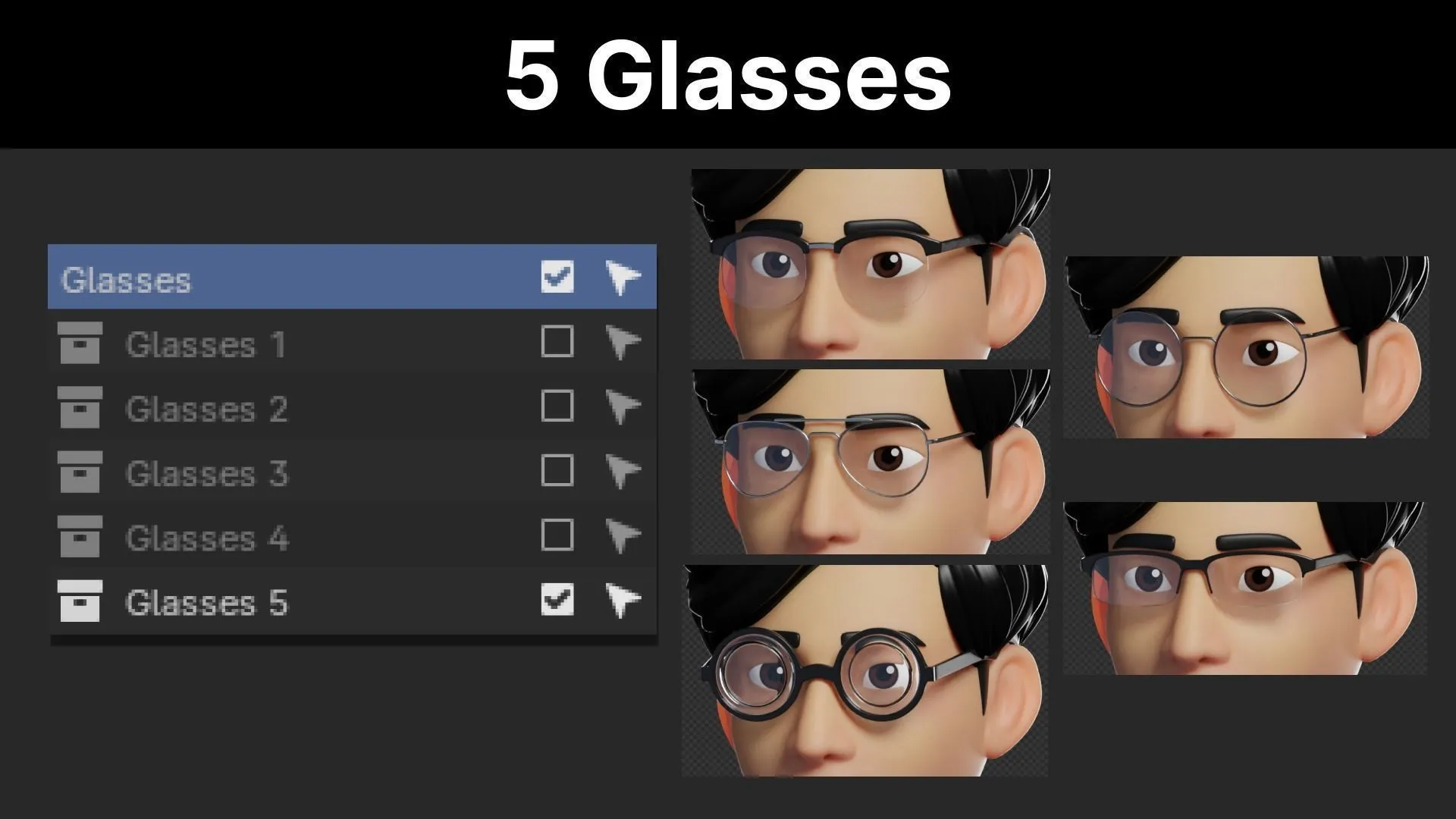 5 eyeglasses options for Customizable Black Man Character