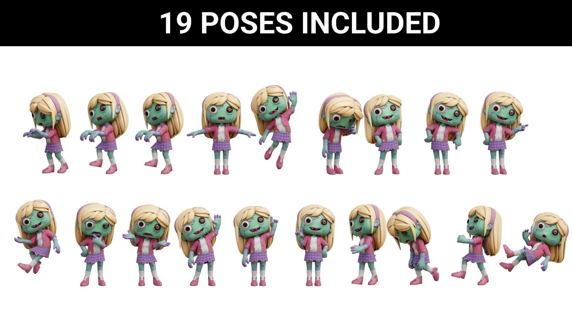 19 pre-made poses for Cartoon Female Zombie