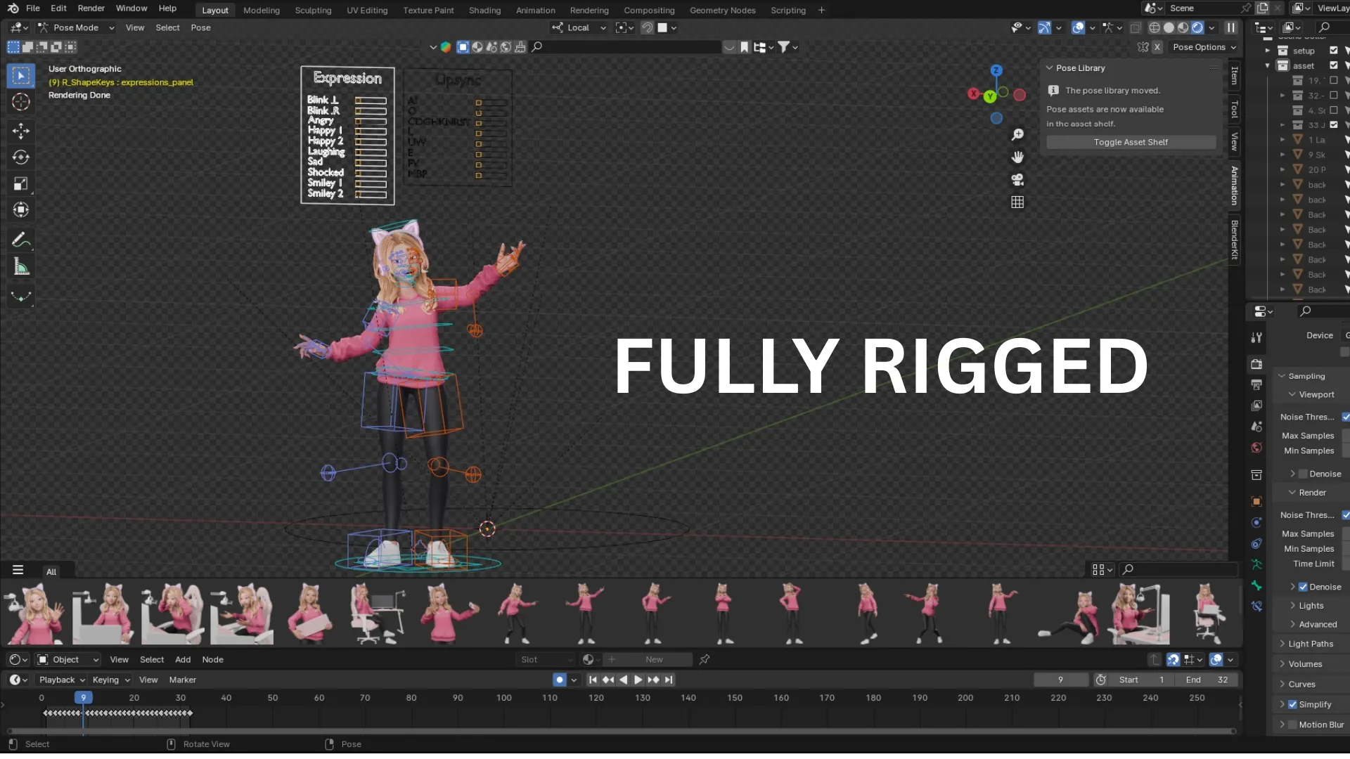 Fully rigged Gamer Girl White Woman 3D character in Blender with rig controls