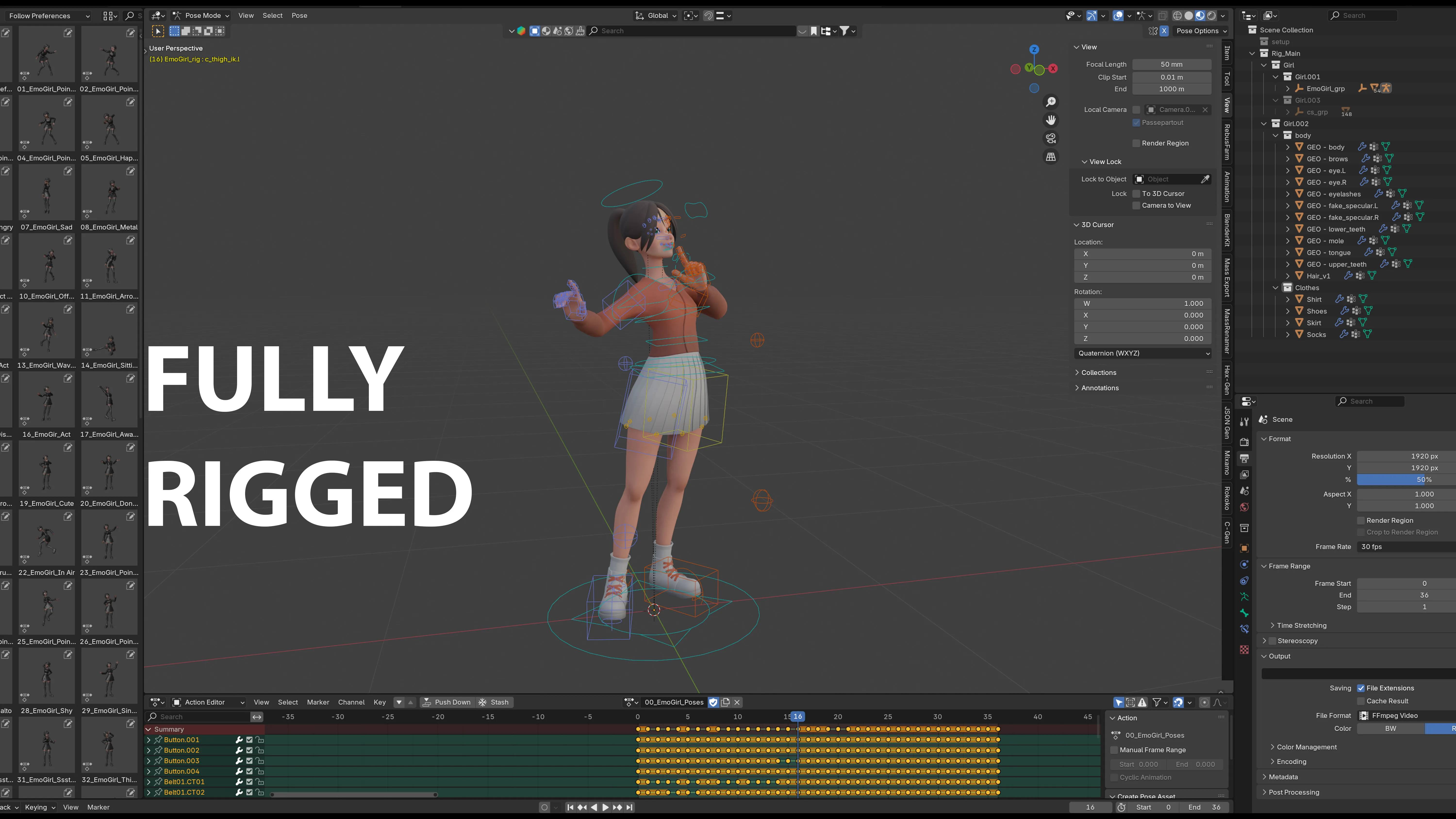 Fully rigged 3D character in Blender with rig controls and facial expressions