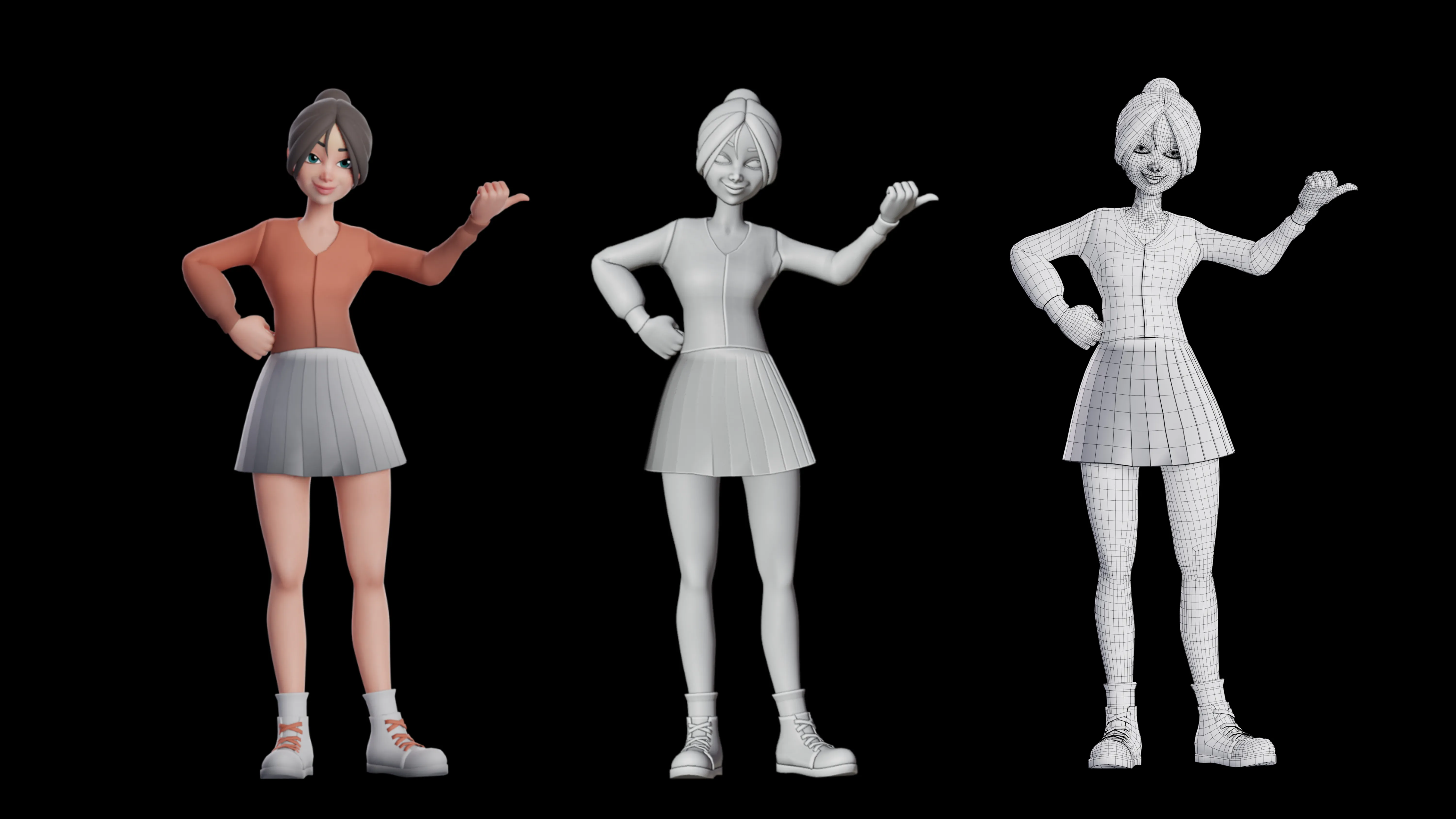 Low-poly quad topology 3D character wireframe