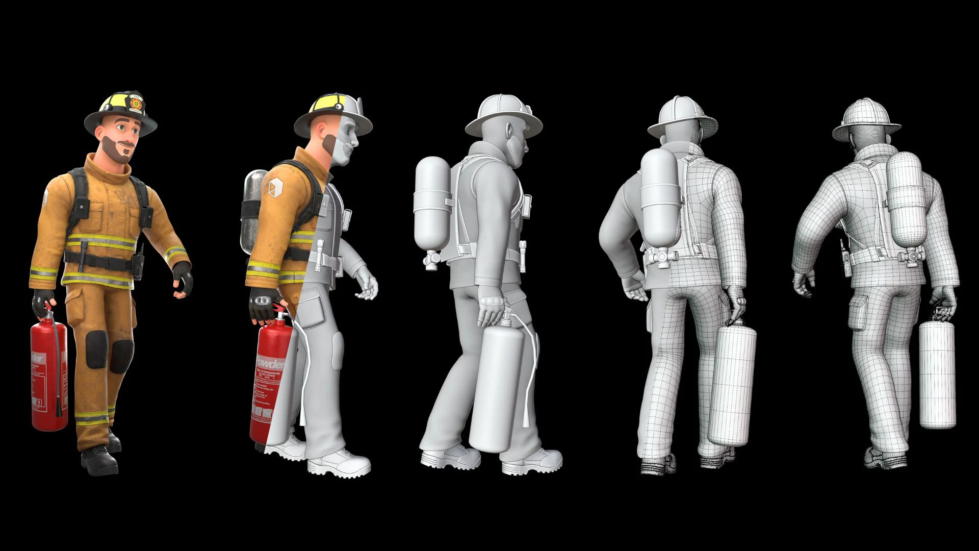Comparaison entre la modélisation en argile texturée et la modélisation filaire de « Fire Attender »