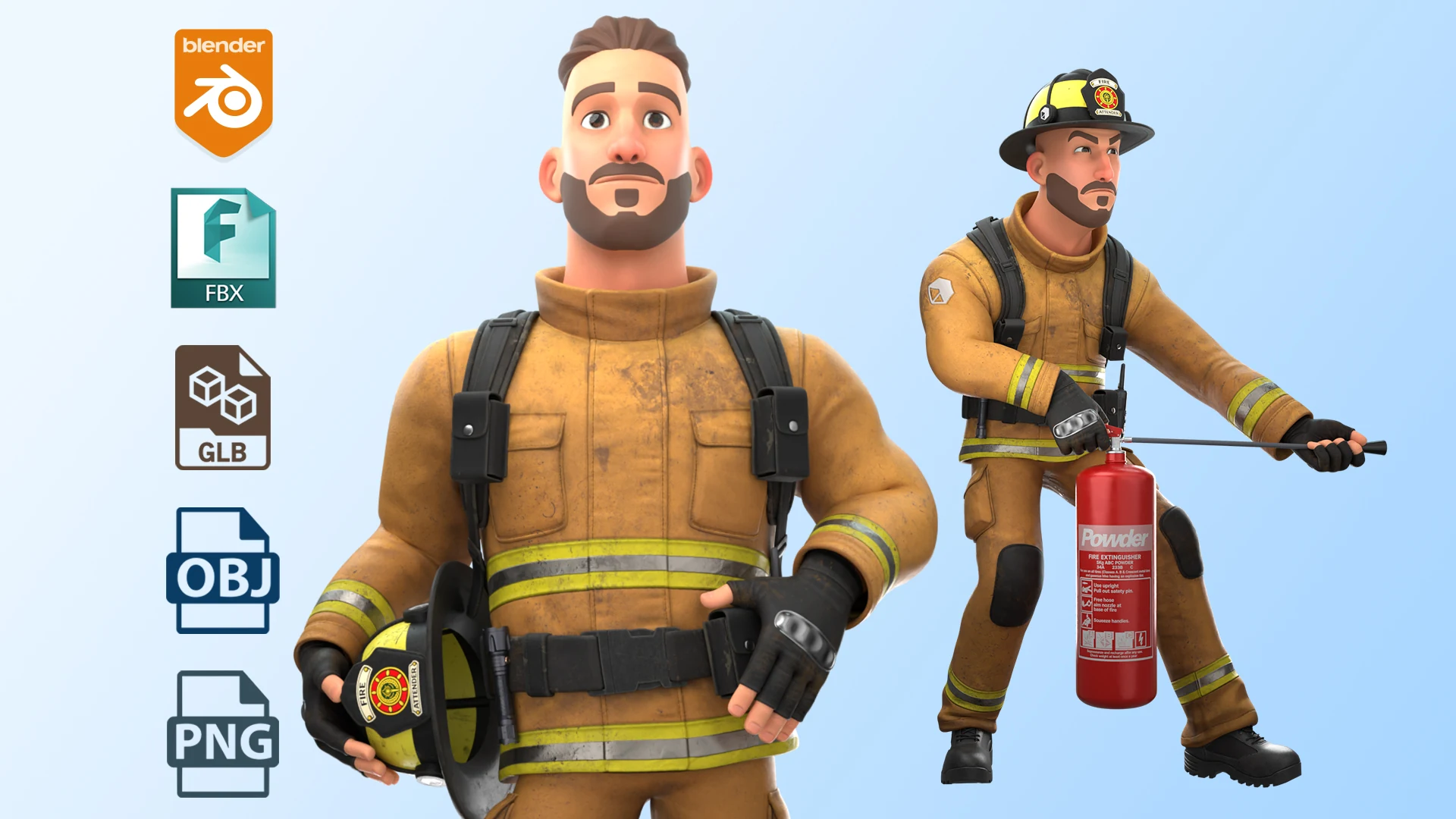 Présentation du personnage 3D « Fire Attender », un pompier de bande dessinée