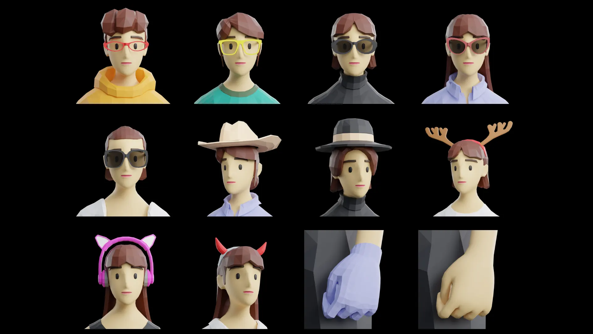 Gamerz female accessories for game-ready low-poly 3D modular characters