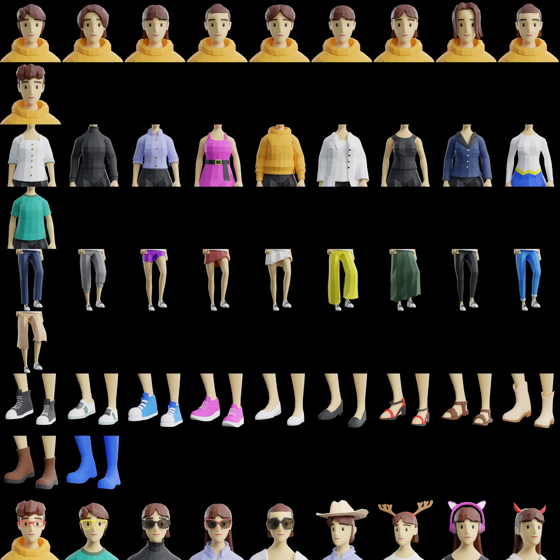 Gamerz female game-ready low-poly 3D modular character sheet