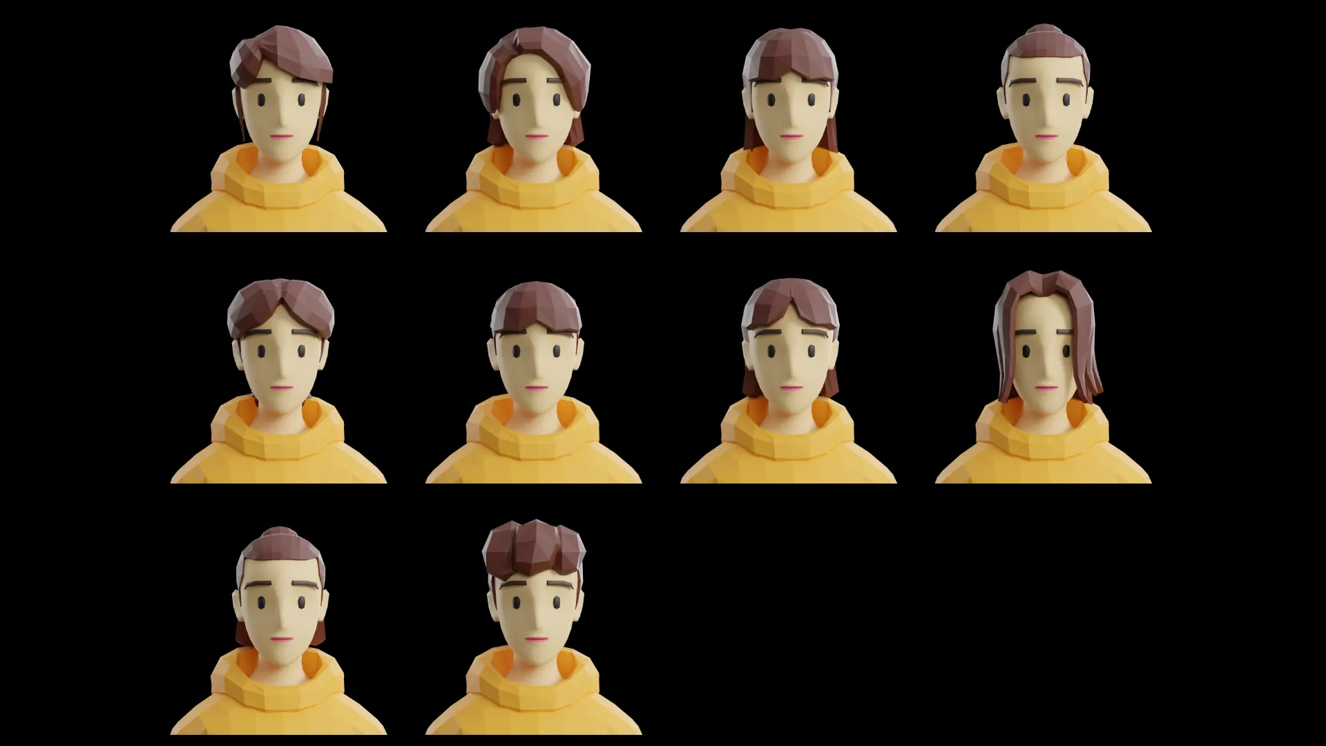 Gamerz female hair options for game-ready low-poly 3D modular characters
