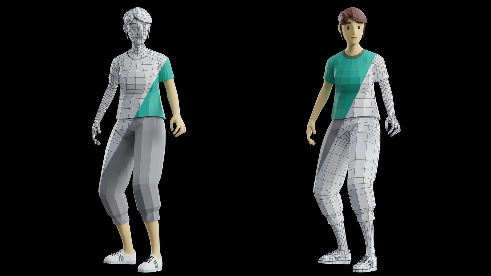 Gamerz female low-poly 3D modular game character mesh and shaded model preview