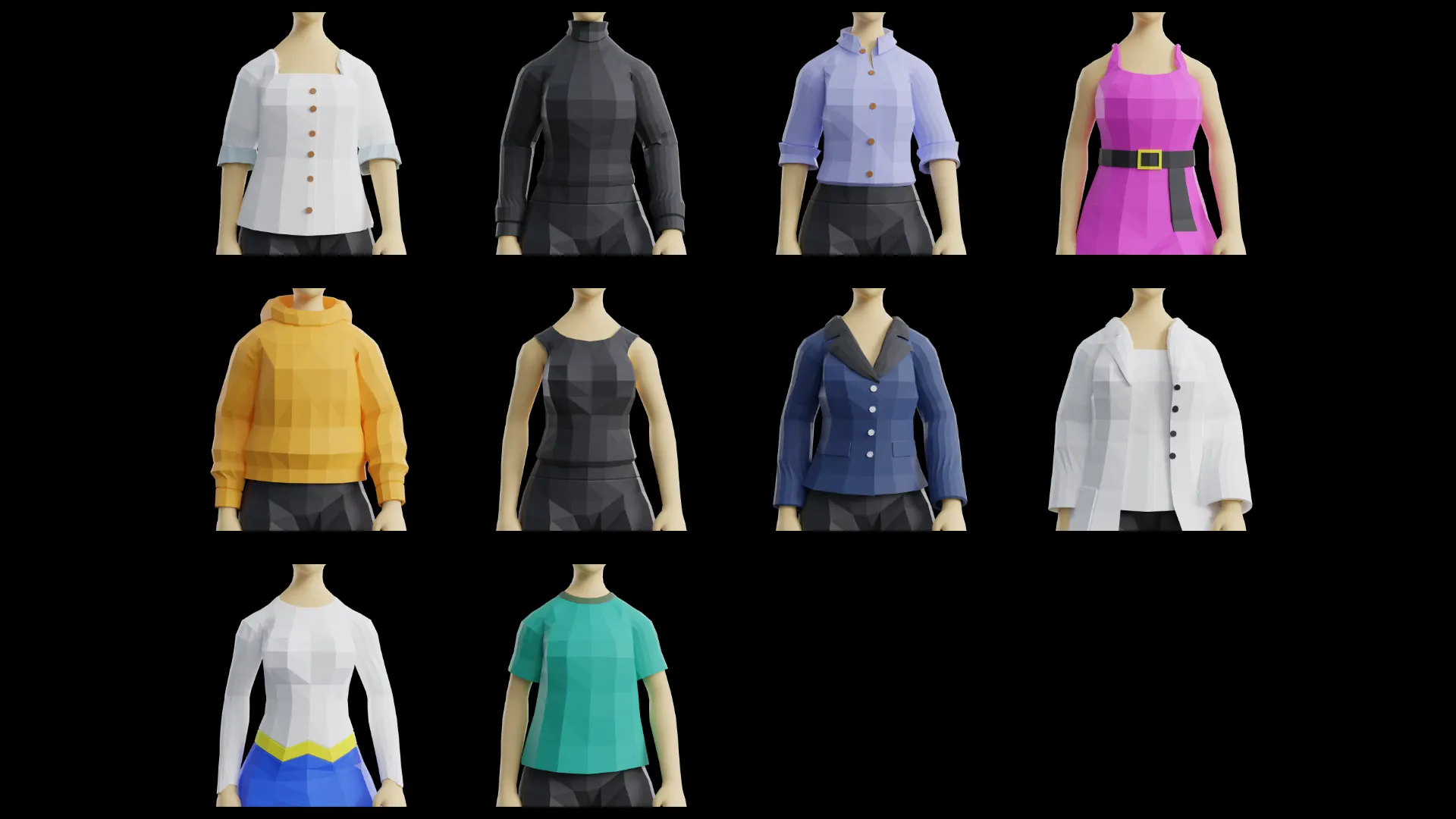Gamerz female tops for game-ready low-poly 3D modular characters