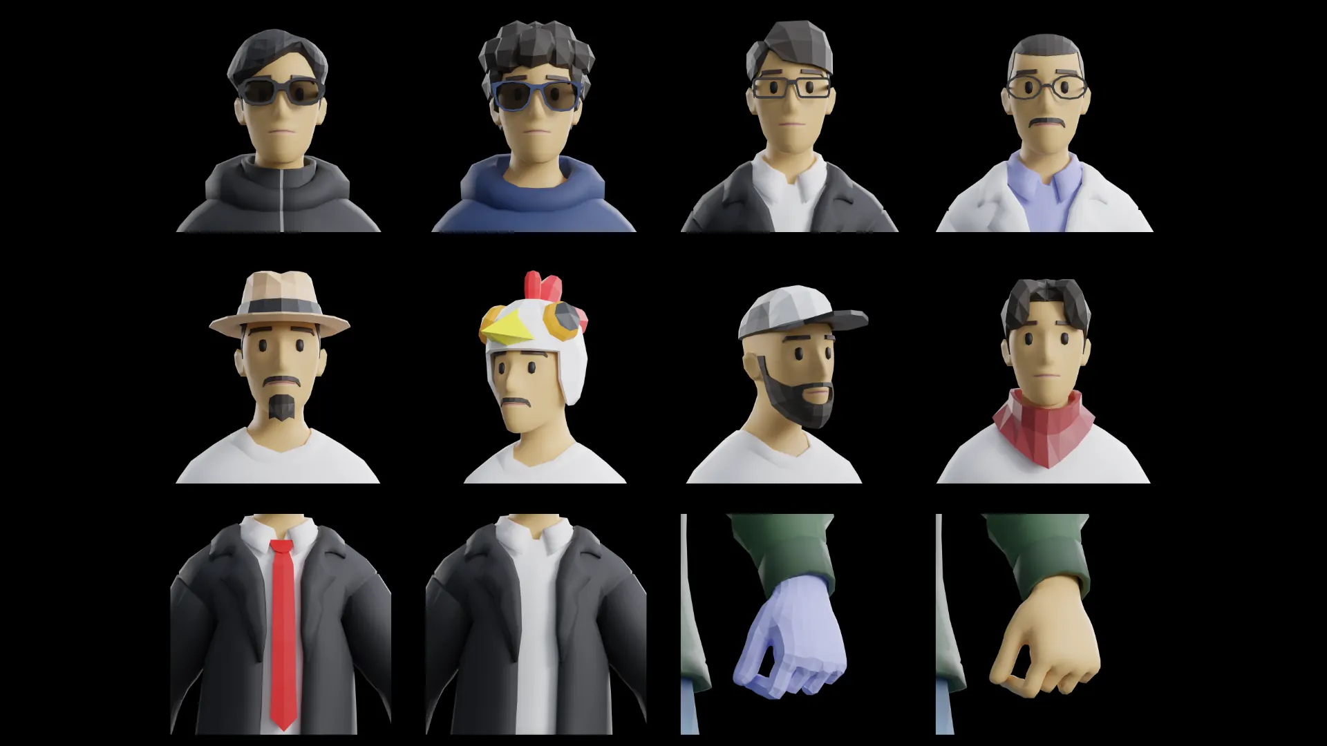 Gamerz male accessory options for game-ready low-poly 3D modular characters