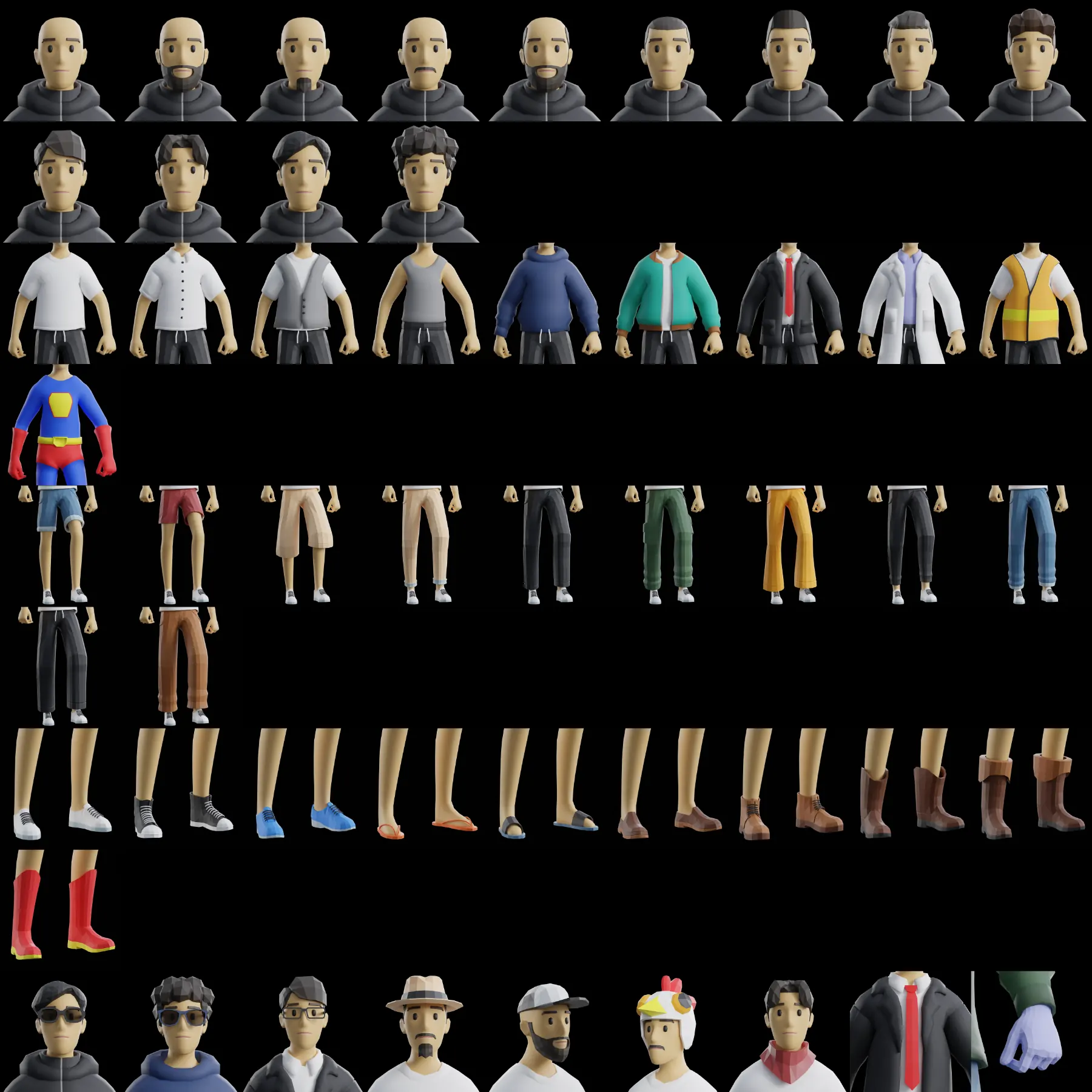 Gamerz male game-ready low-poly 3D modular character sheet
