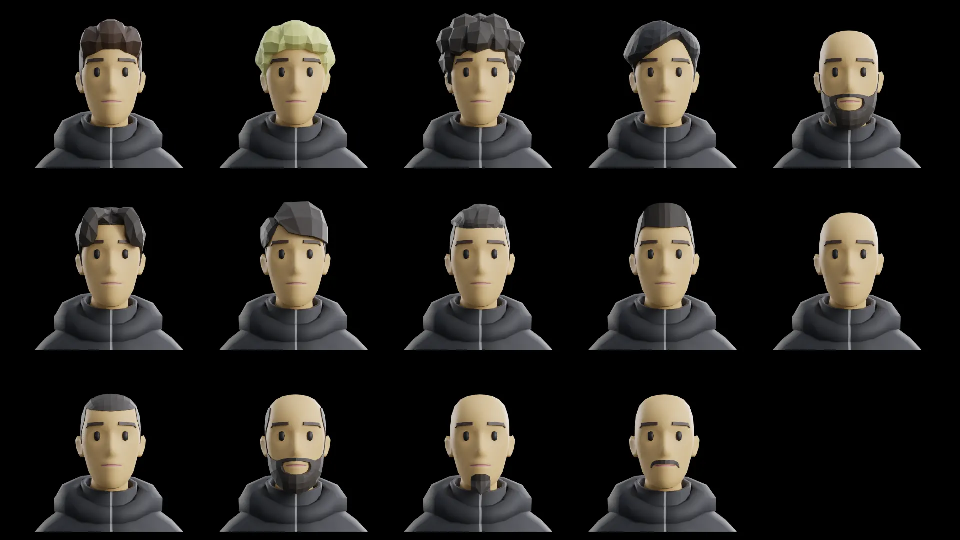 Gamerz male hair options for low-poly 3D modular game characters