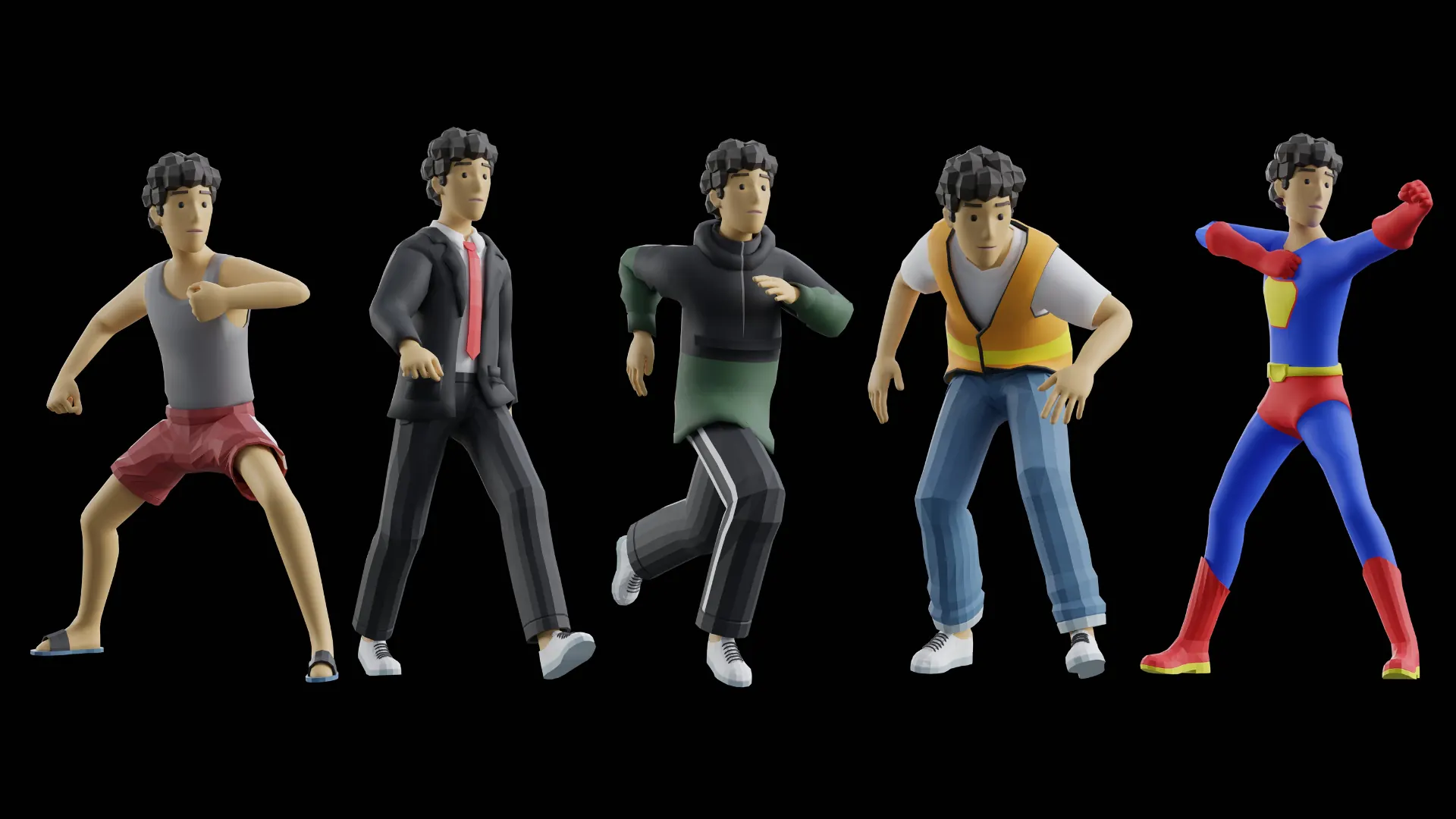 Gamerz male outfits for game-ready low-poly 3D modular character prototypes