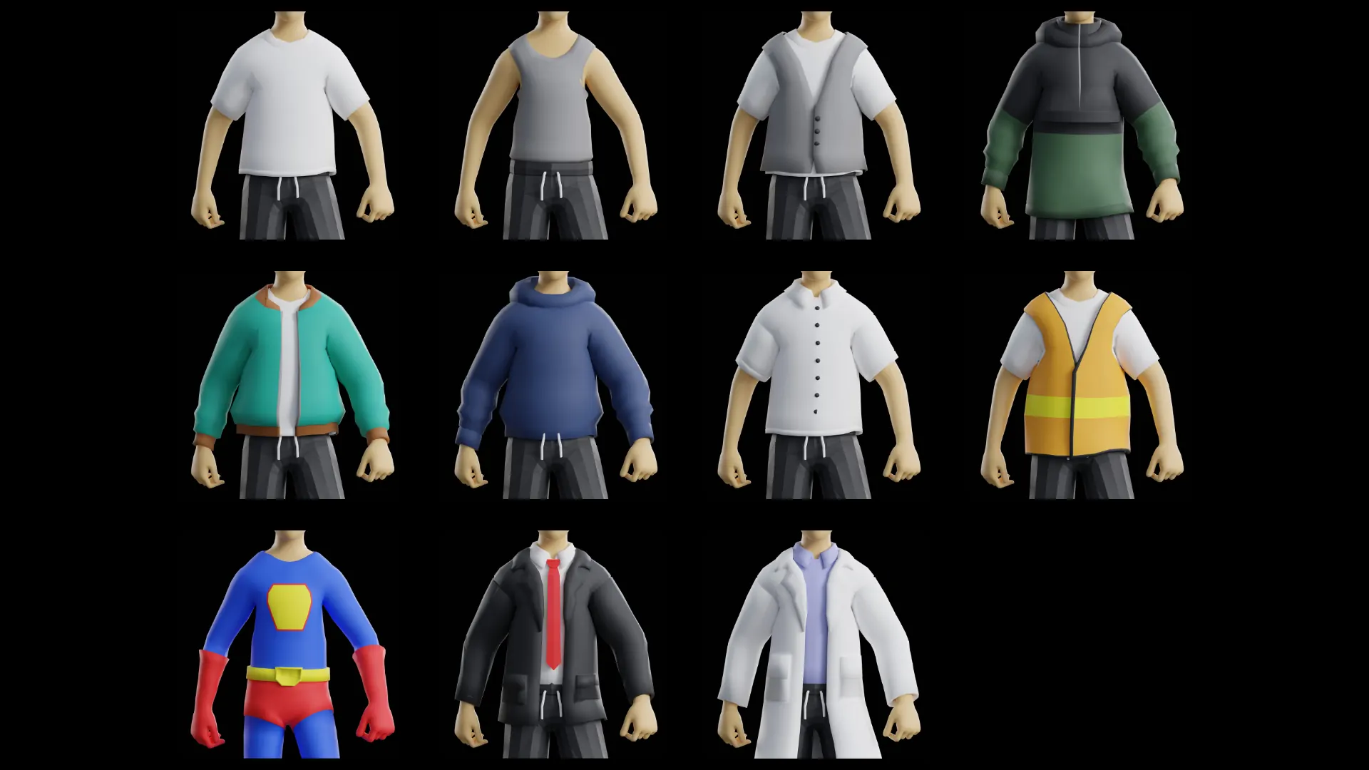 Gamerz male tops for game-ready low-poly 3D modular characters